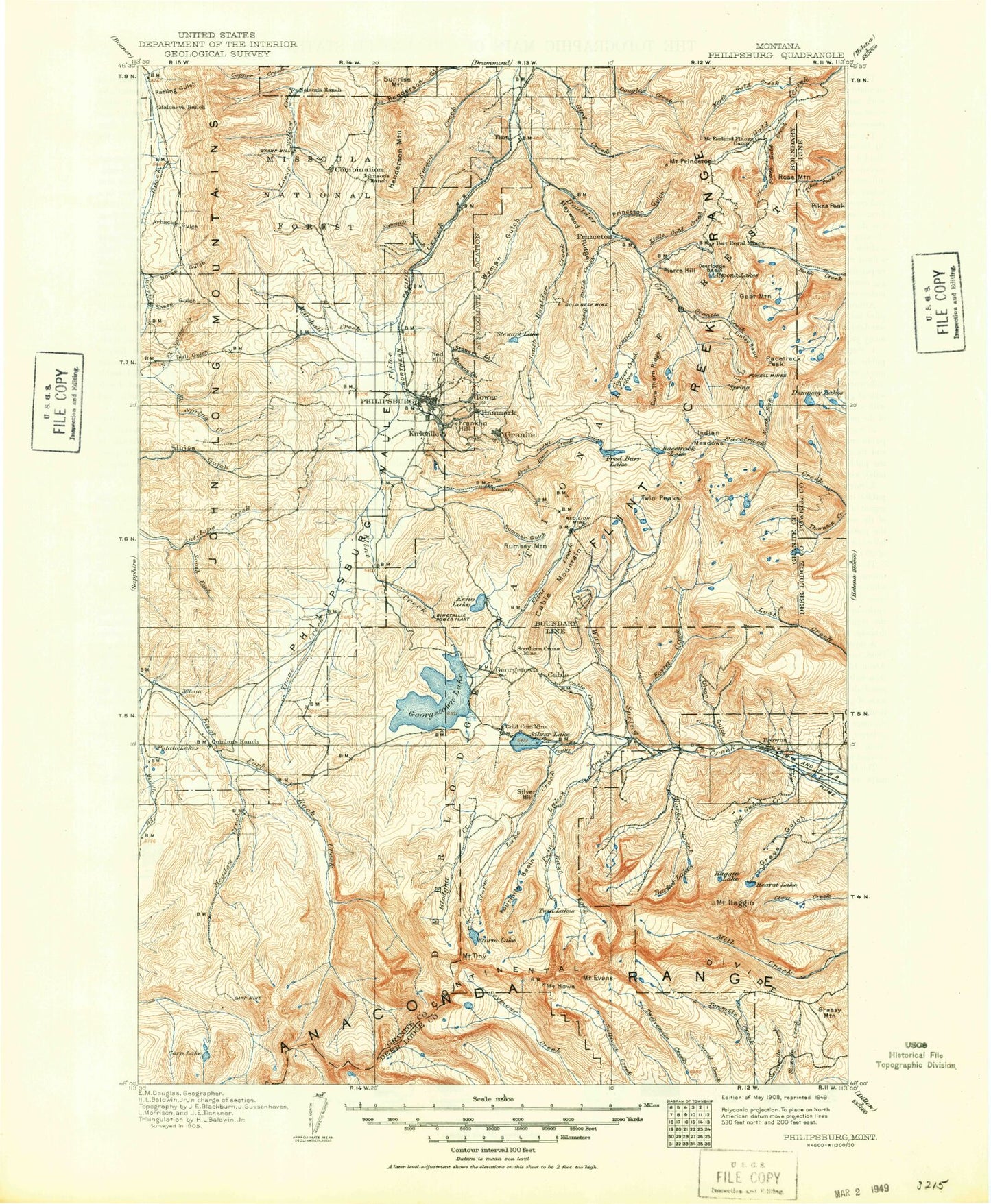Historic 1908 Philipsburg Montana 30'x30' Topo Map Image
