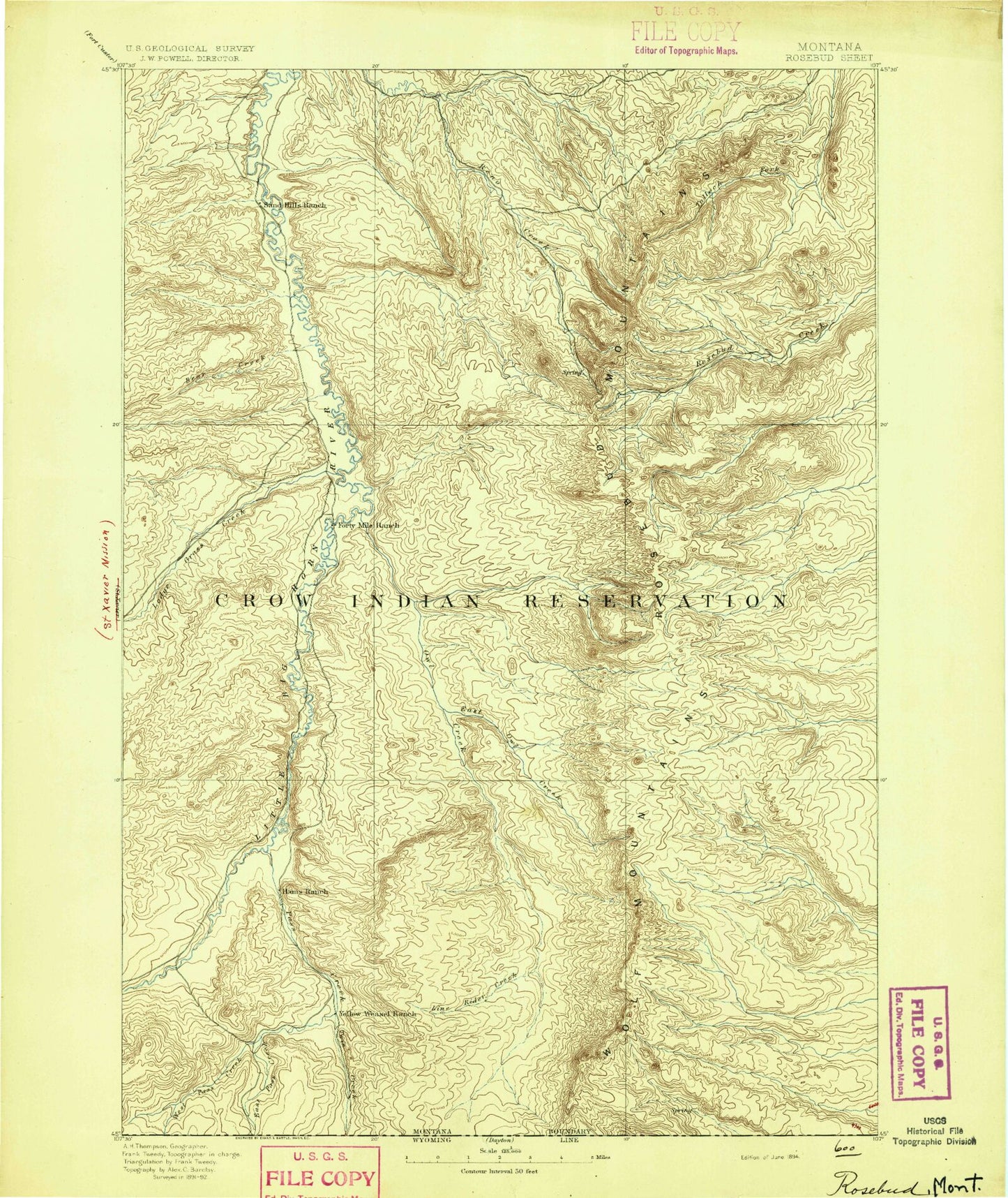 Historic 1894 Rosebud Montana 30'x30' Topo Map Image