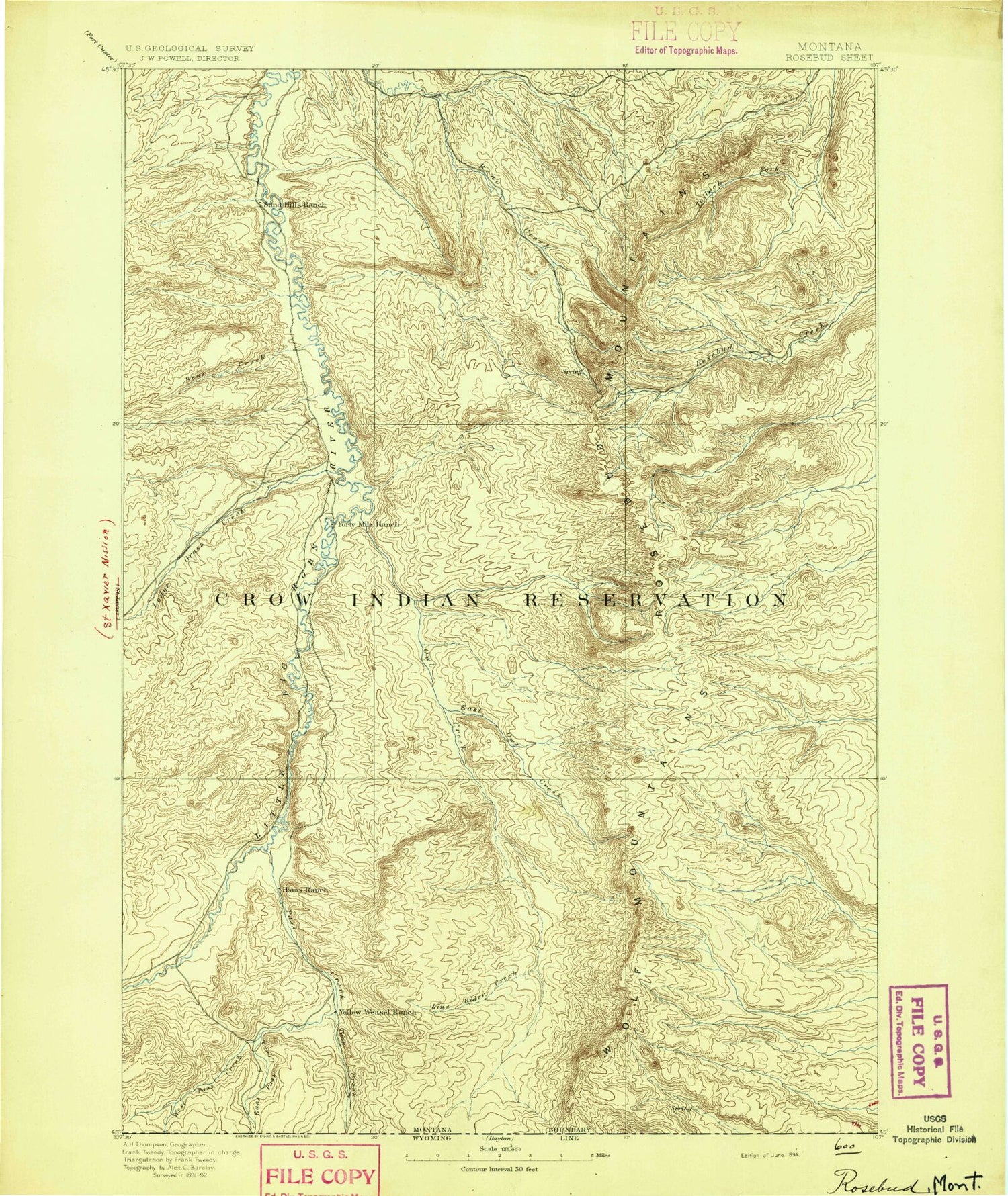 Historic 1894 Rosebud Montana 30'x30' Topo Map Image