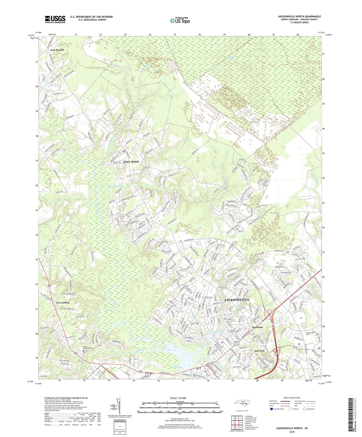 Jacksonville North North Carolina US Topo Map Image