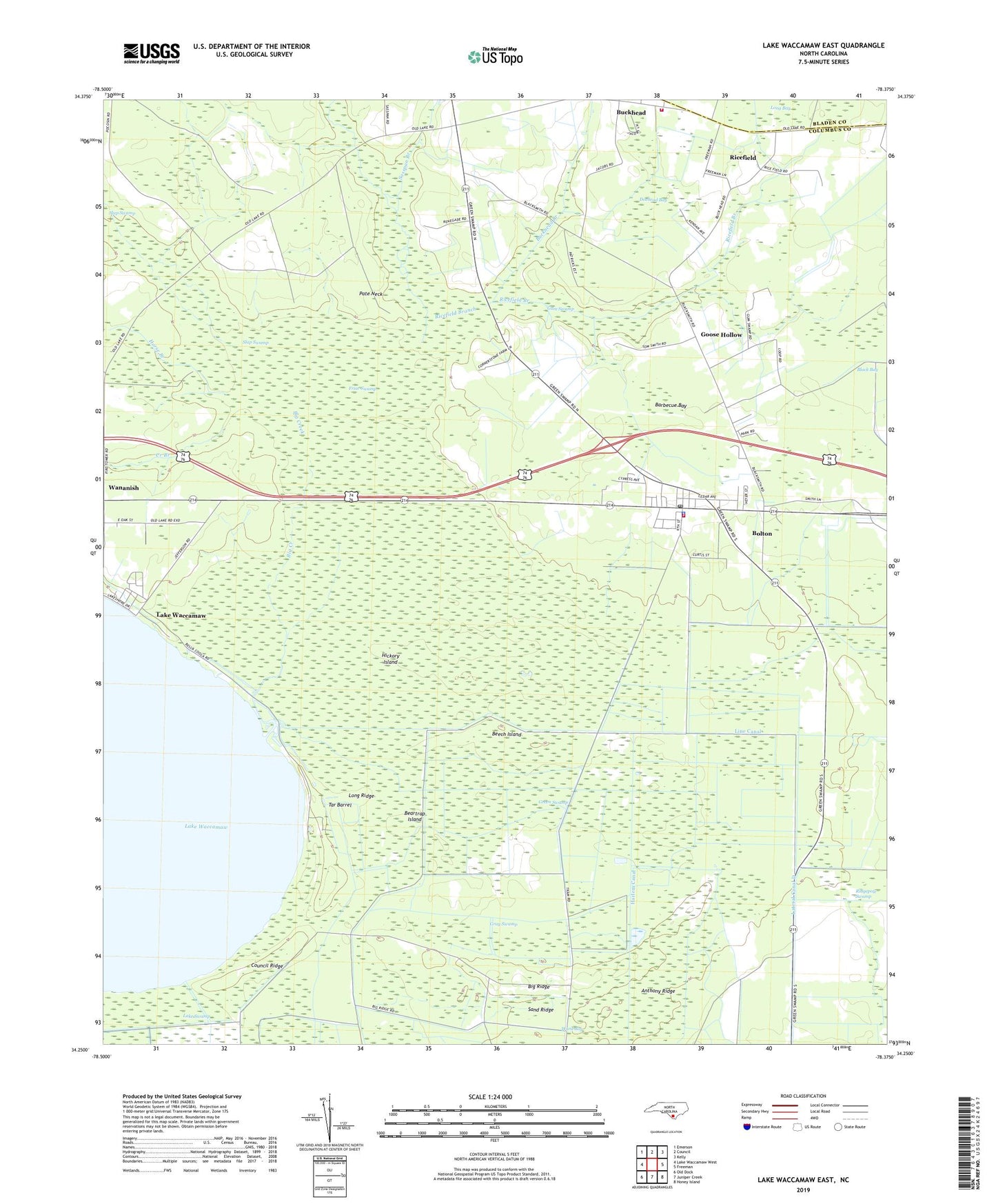 Lake Waccamaw East North Carolina US Topo Map Image