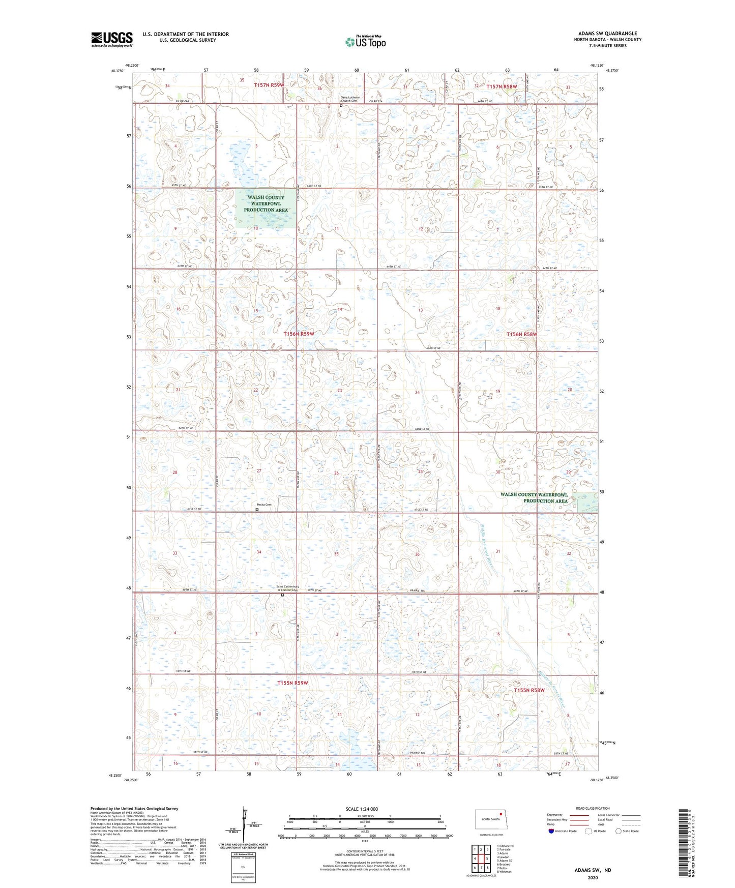 Adams SW North Dakota US Topo Map Image