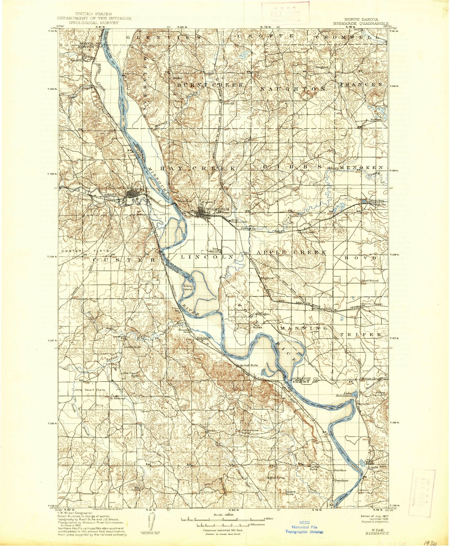 Historic 1907 Bismark North Dakota 30'x30' Topo Map Image