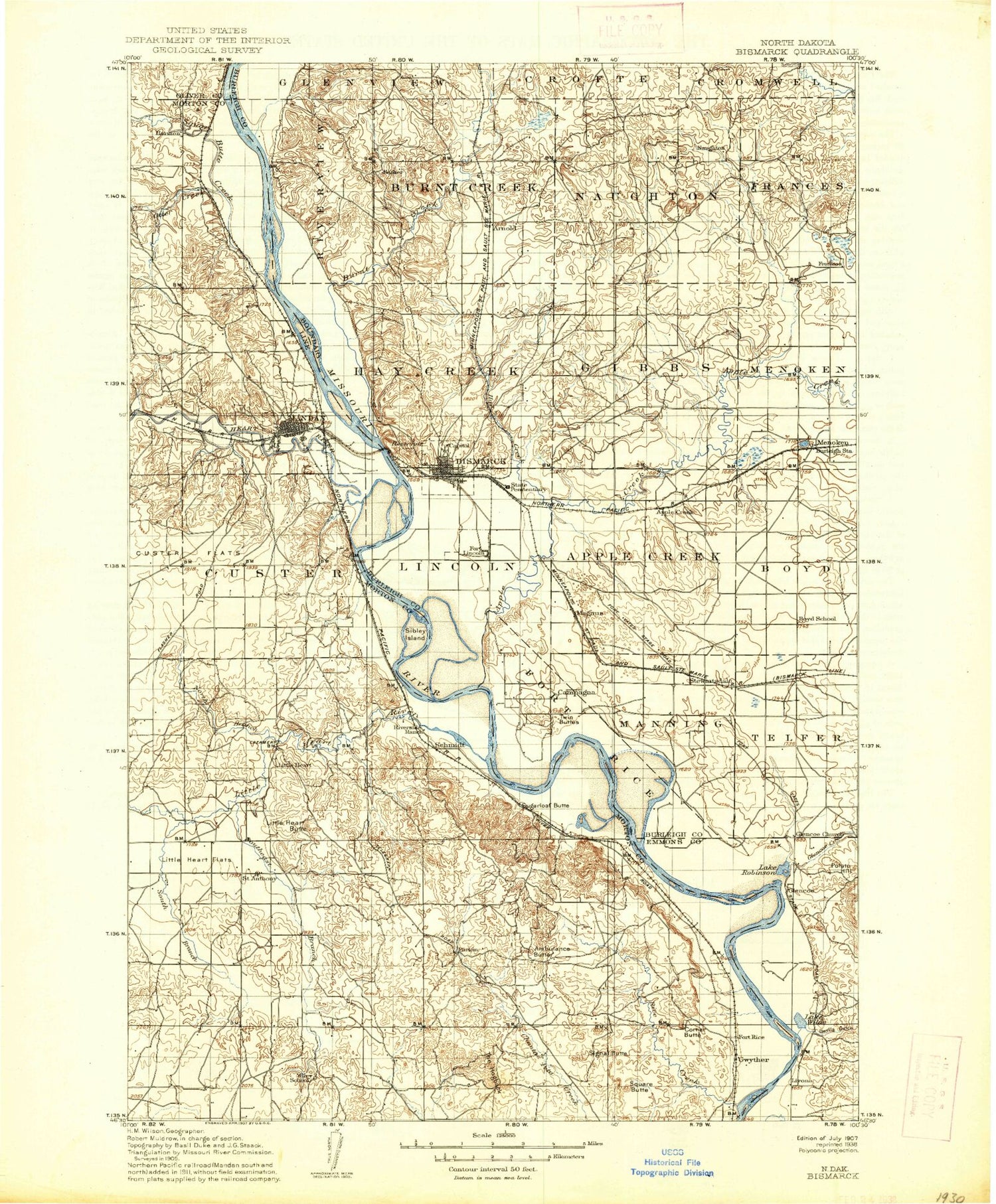 Historic 1907 Bismark North Dakota 30'x30' Topo Map Image