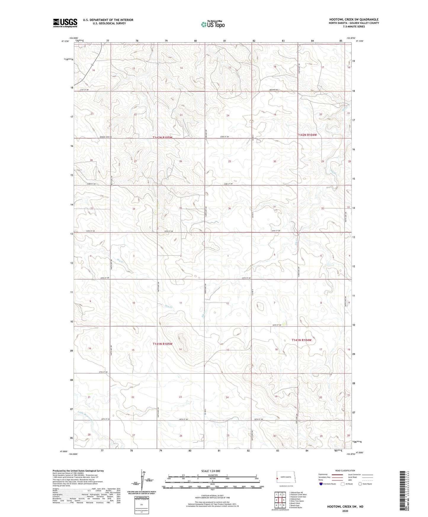 Hootowl Creek SW North Dakota US Topo Map Image