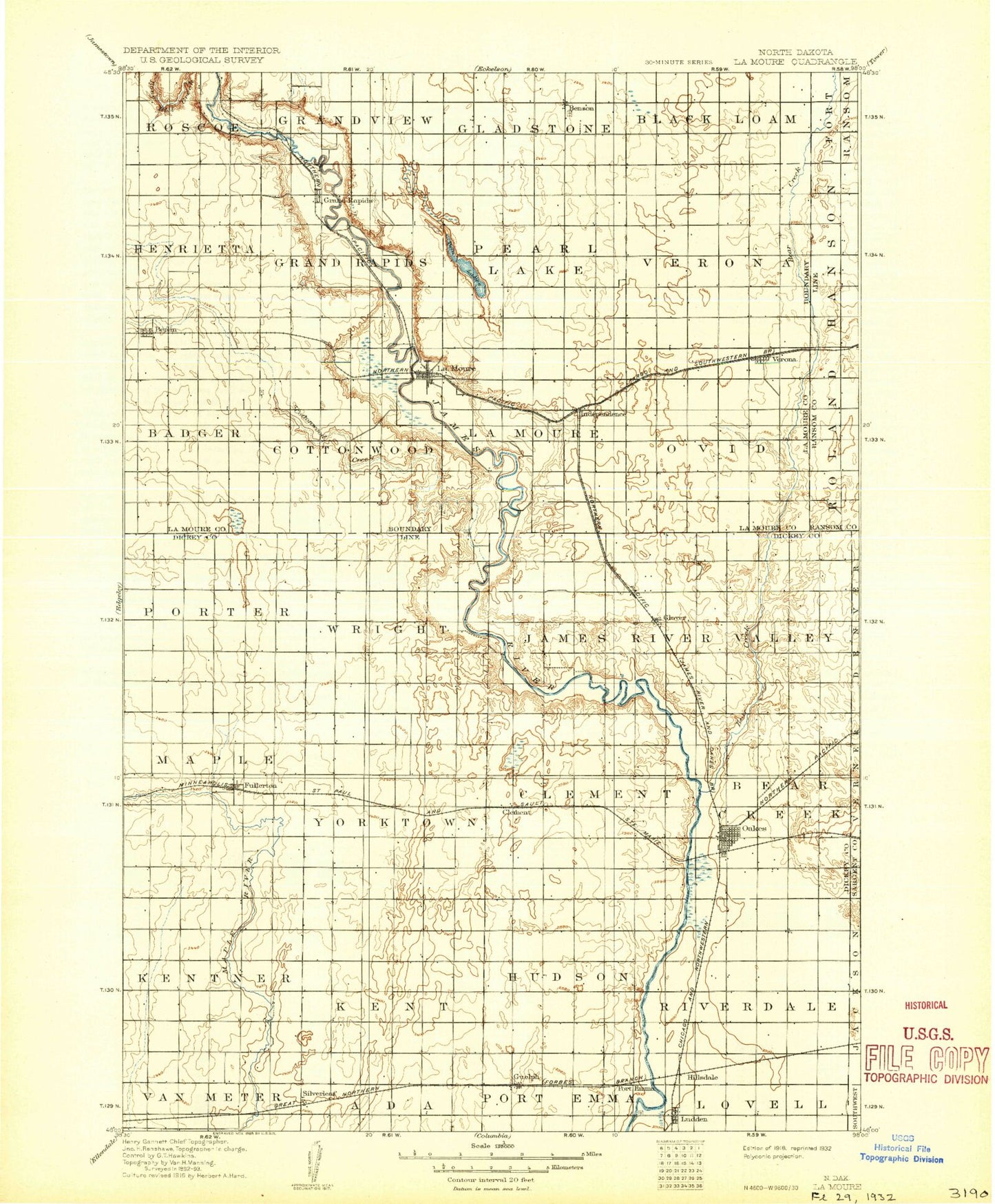 Historic 1918 LaMoure North Dakota 30'x30' Topo Map Image