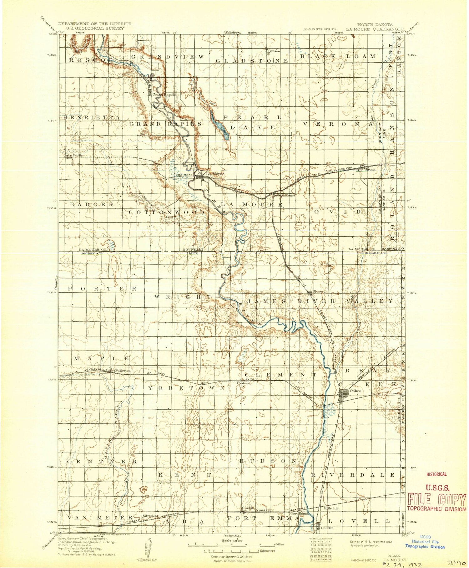 Historic 1918 LaMoure North Dakota 30'x30' Topo Map Image