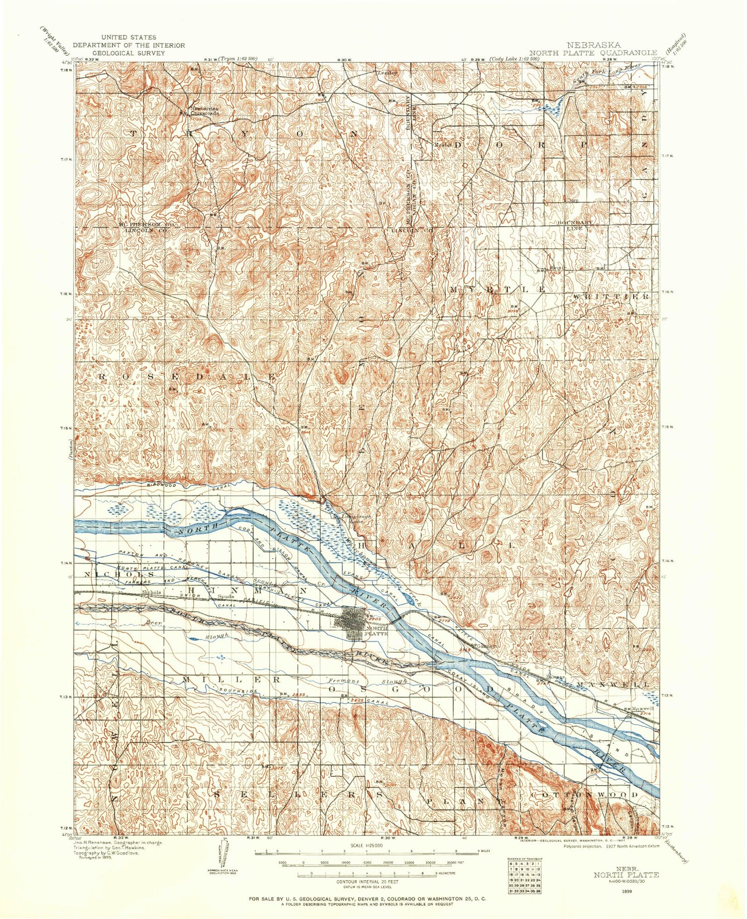 Historic 1899 North Platte Nebraska 30'x30' Topo Map Image