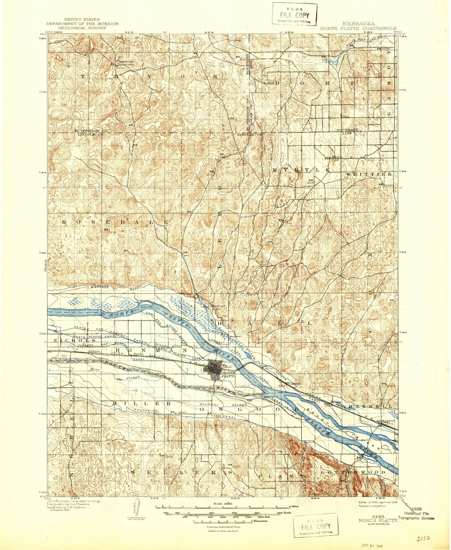 Historic 1902 North Platte Nebraska 30'x30' Topo Map Image