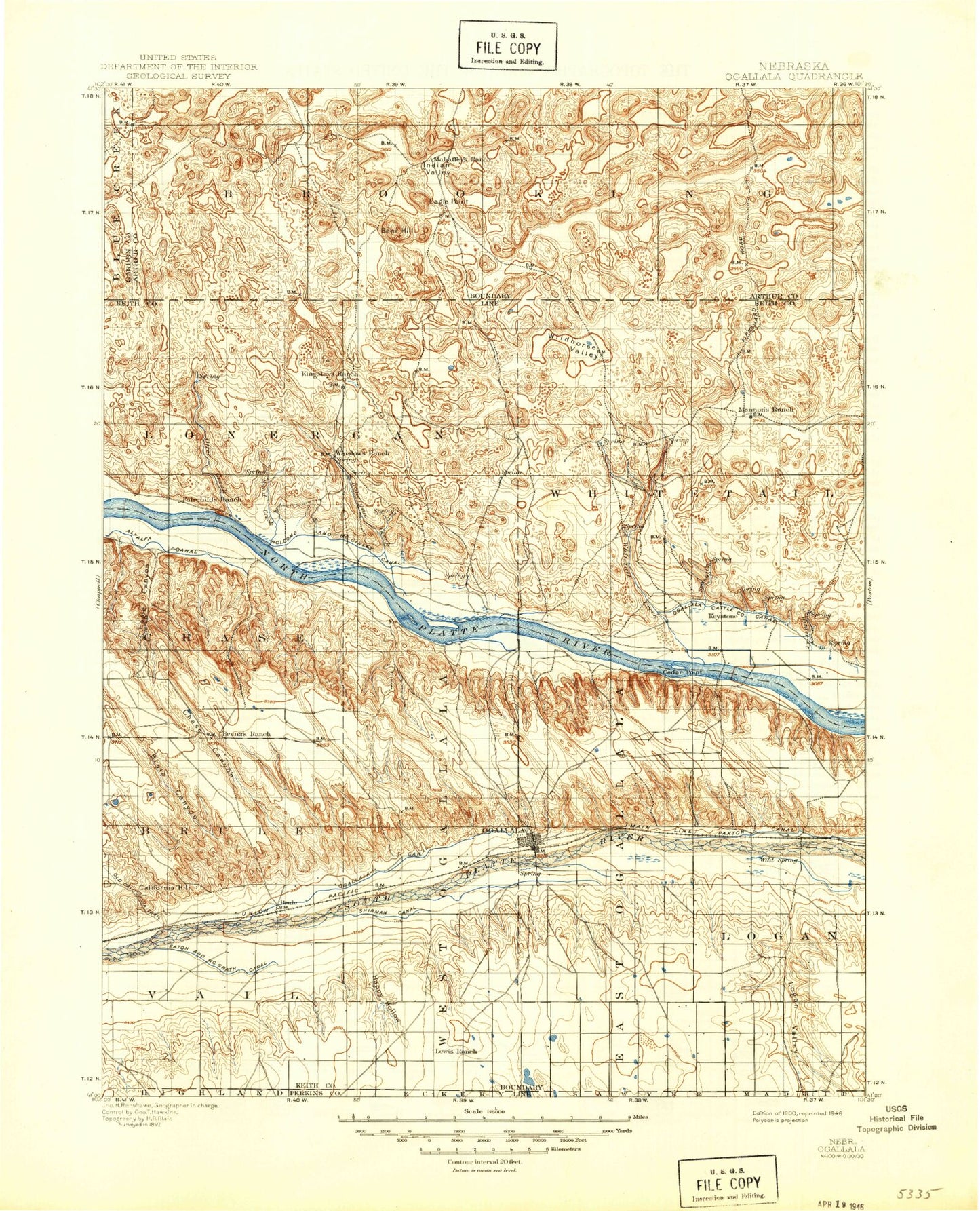 Historic 1900 Ogallala Nebraska 30'x30' Topo Map Image