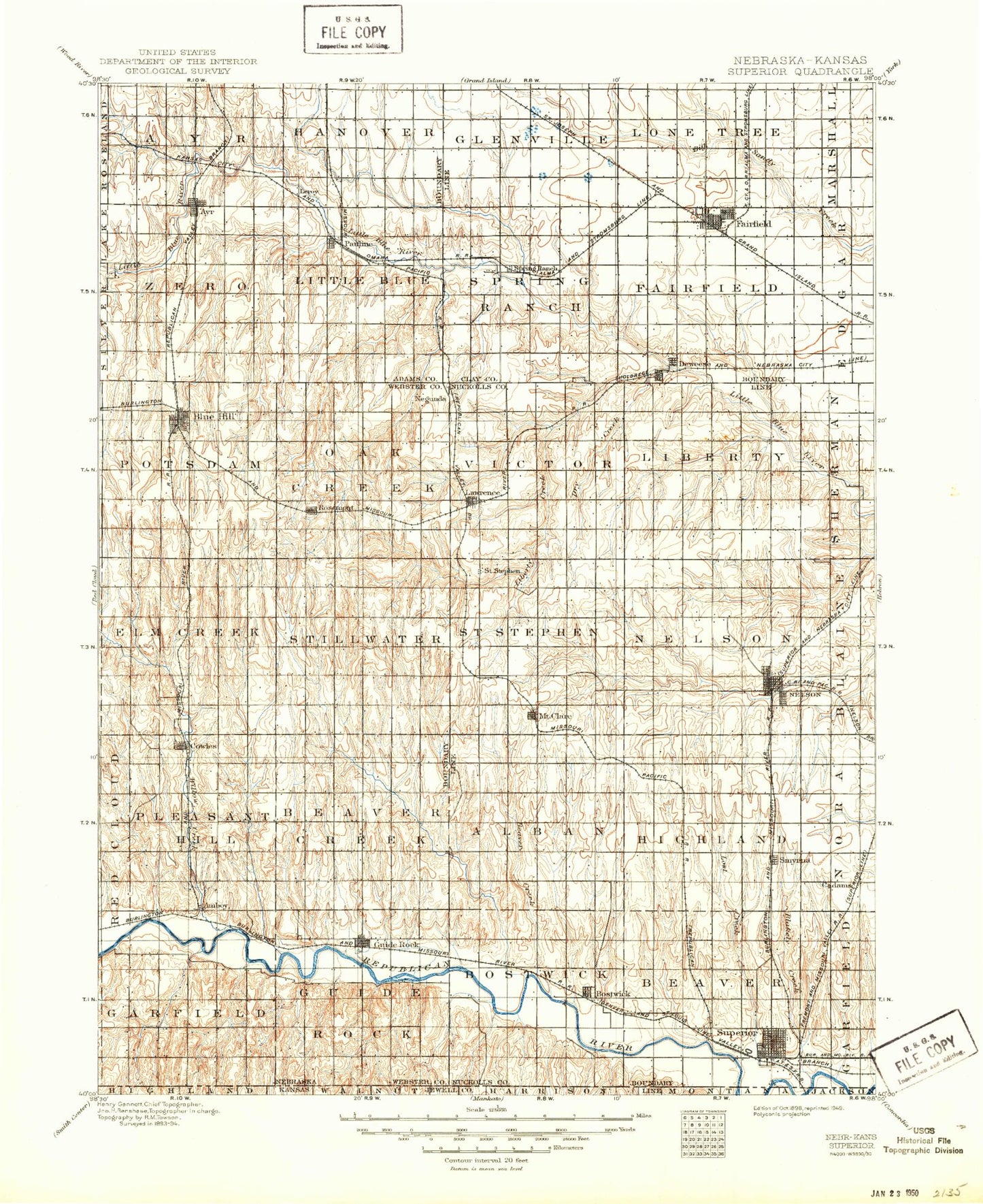 Historic 1898 Superior Nebraska 30'x30' Topo Map Image
