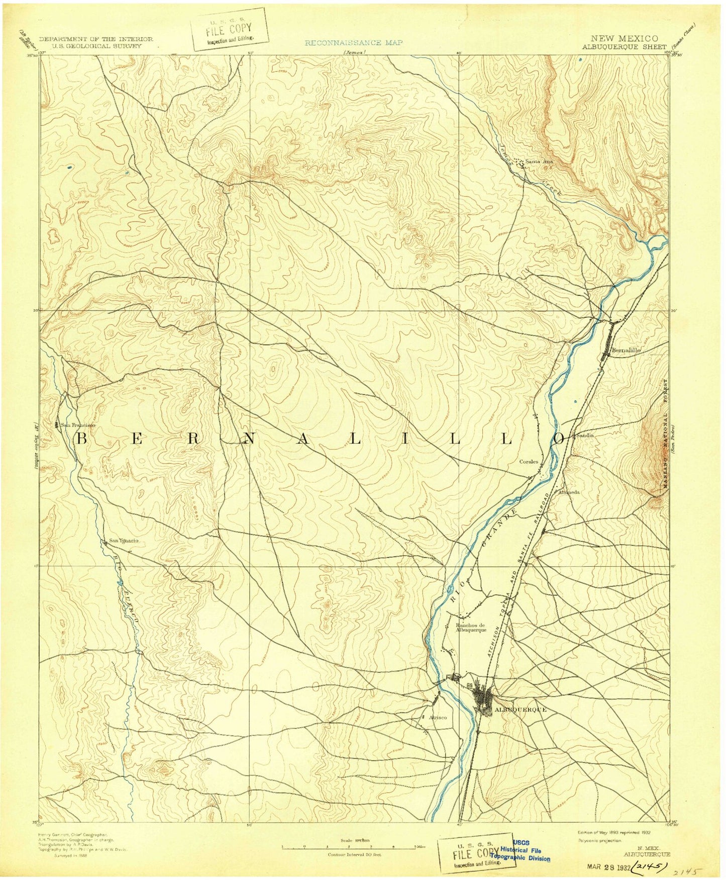 Historic 1893 Bernalillo New Mexico 30'x30' Topo Map Image