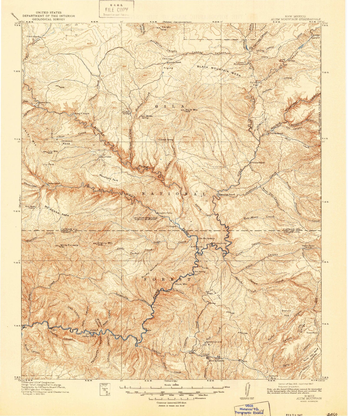 Historic 1913 Alum Mountain New Mexico 30'x30' Topo Map Image