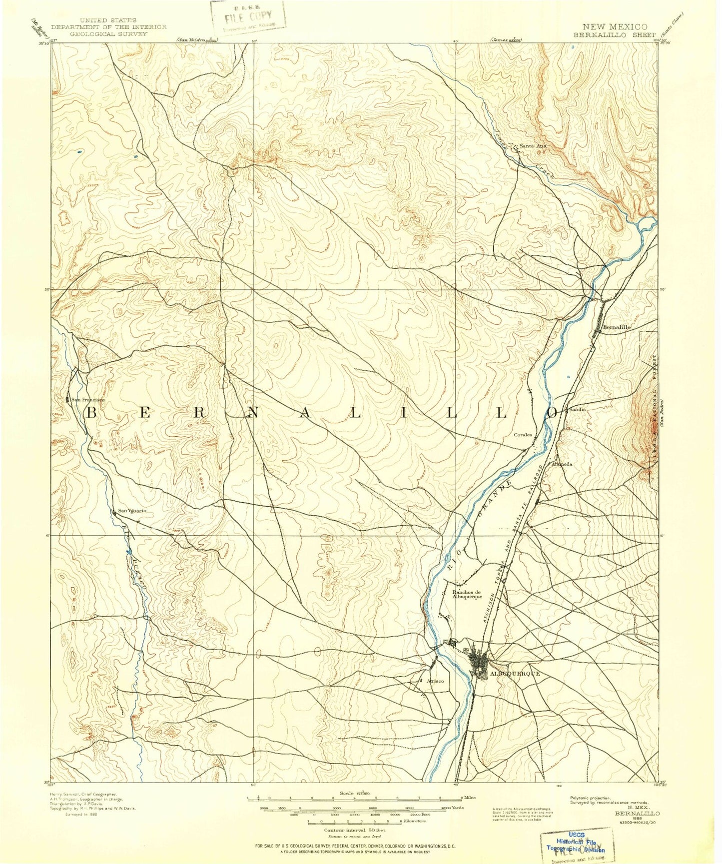 Historic 1888 Bernalillo New Mexico 30'x30' Topo Map Image