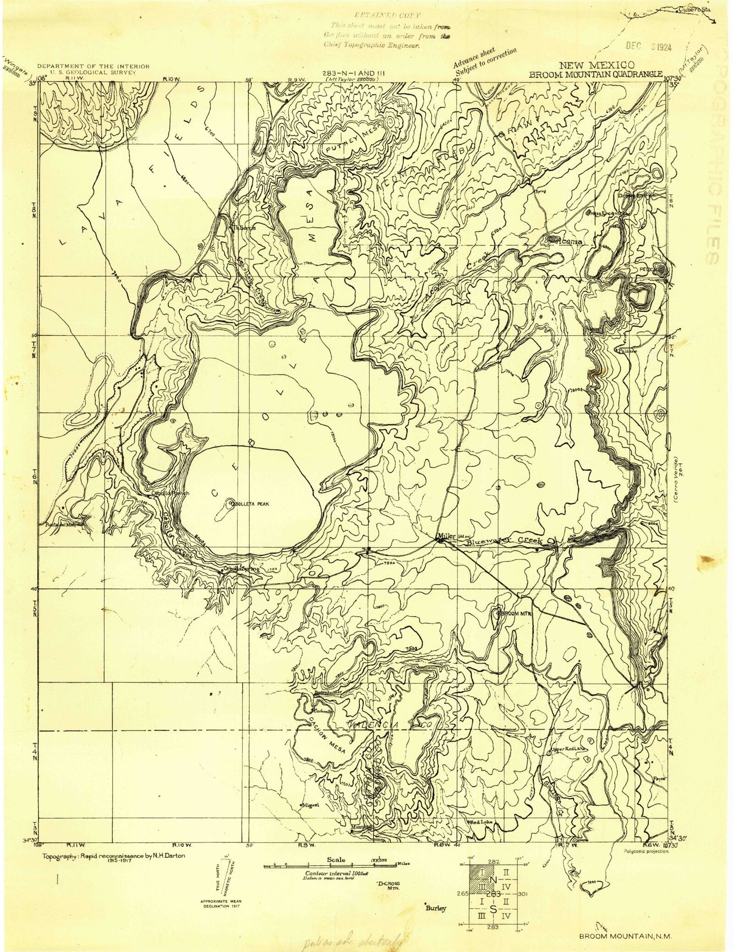 Historic 1917 Broom Mountain New Mexico 30'x30' Topo Map Image