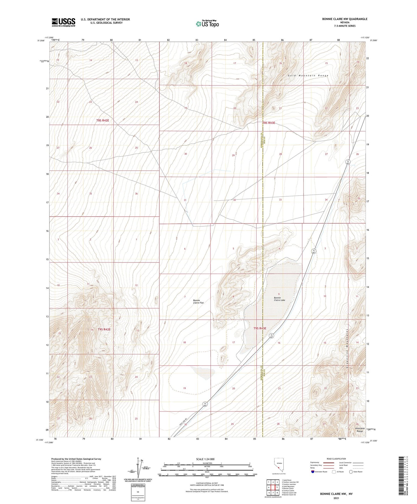 Bonnie Claire NW Nevada US Topo Map Image