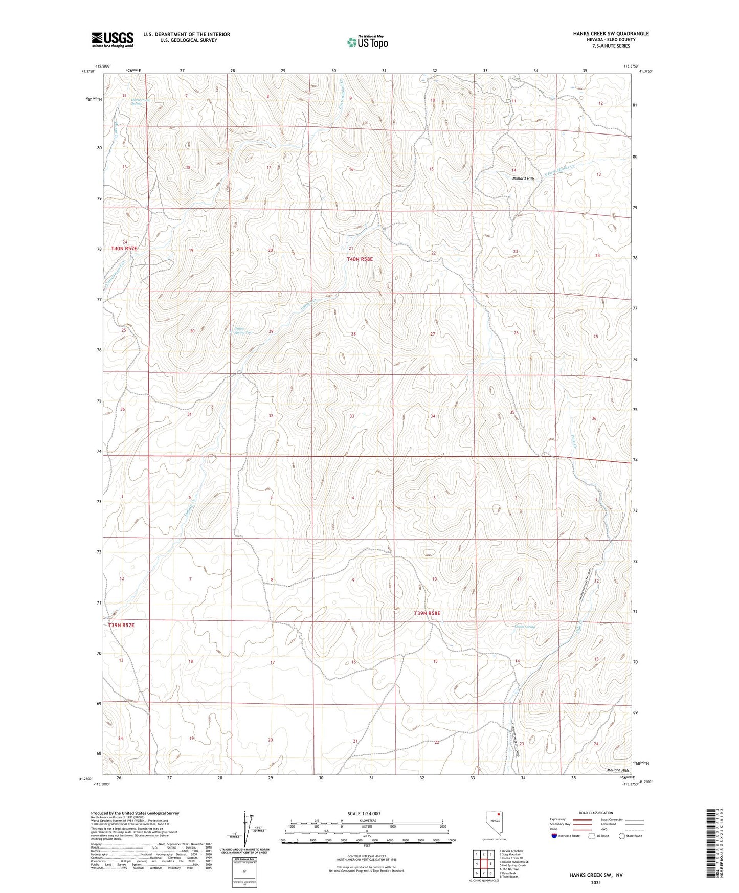 Hanks Creek SW Nevada US Topo Map Image