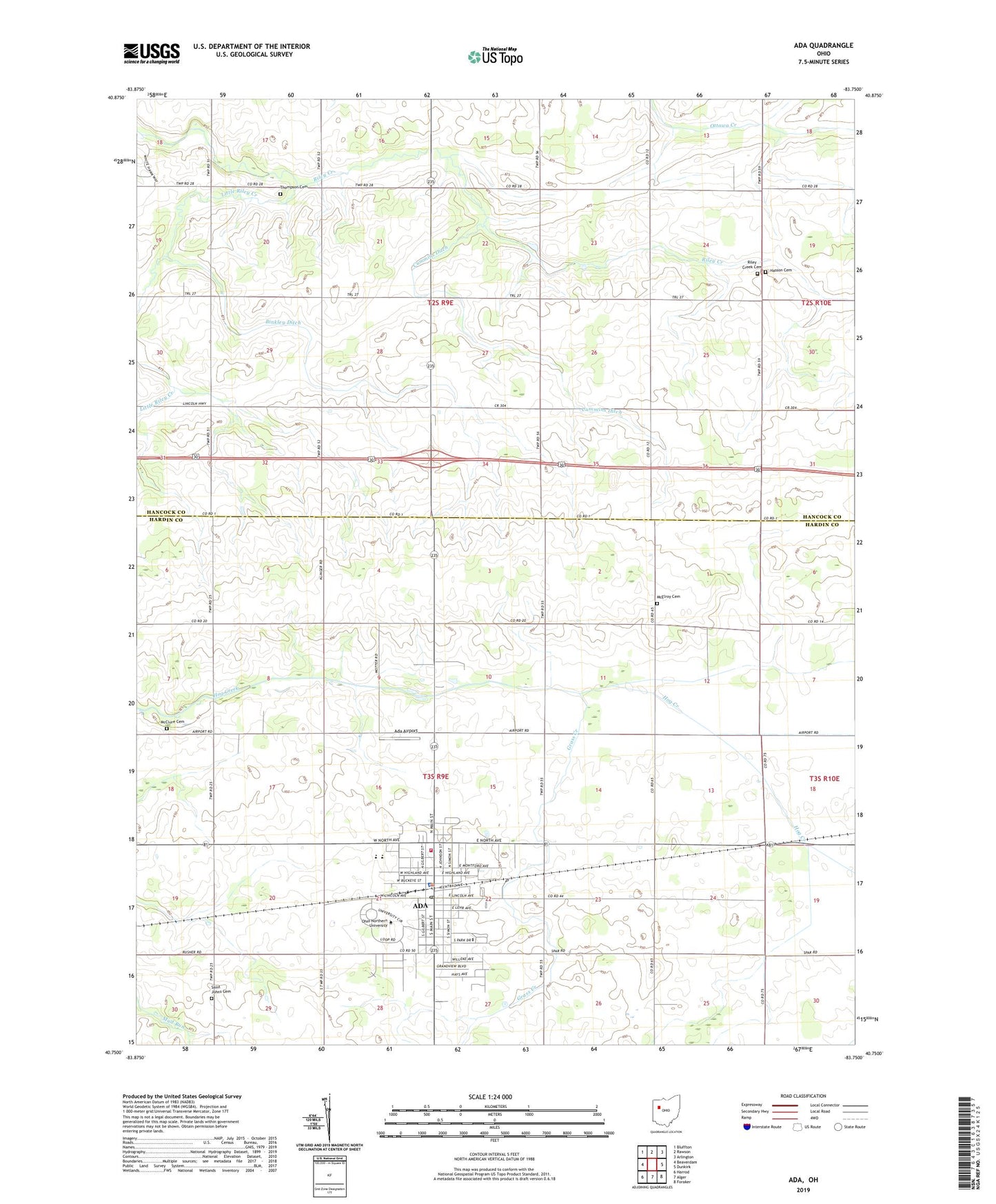 Ada Ohio US Topo Map Image