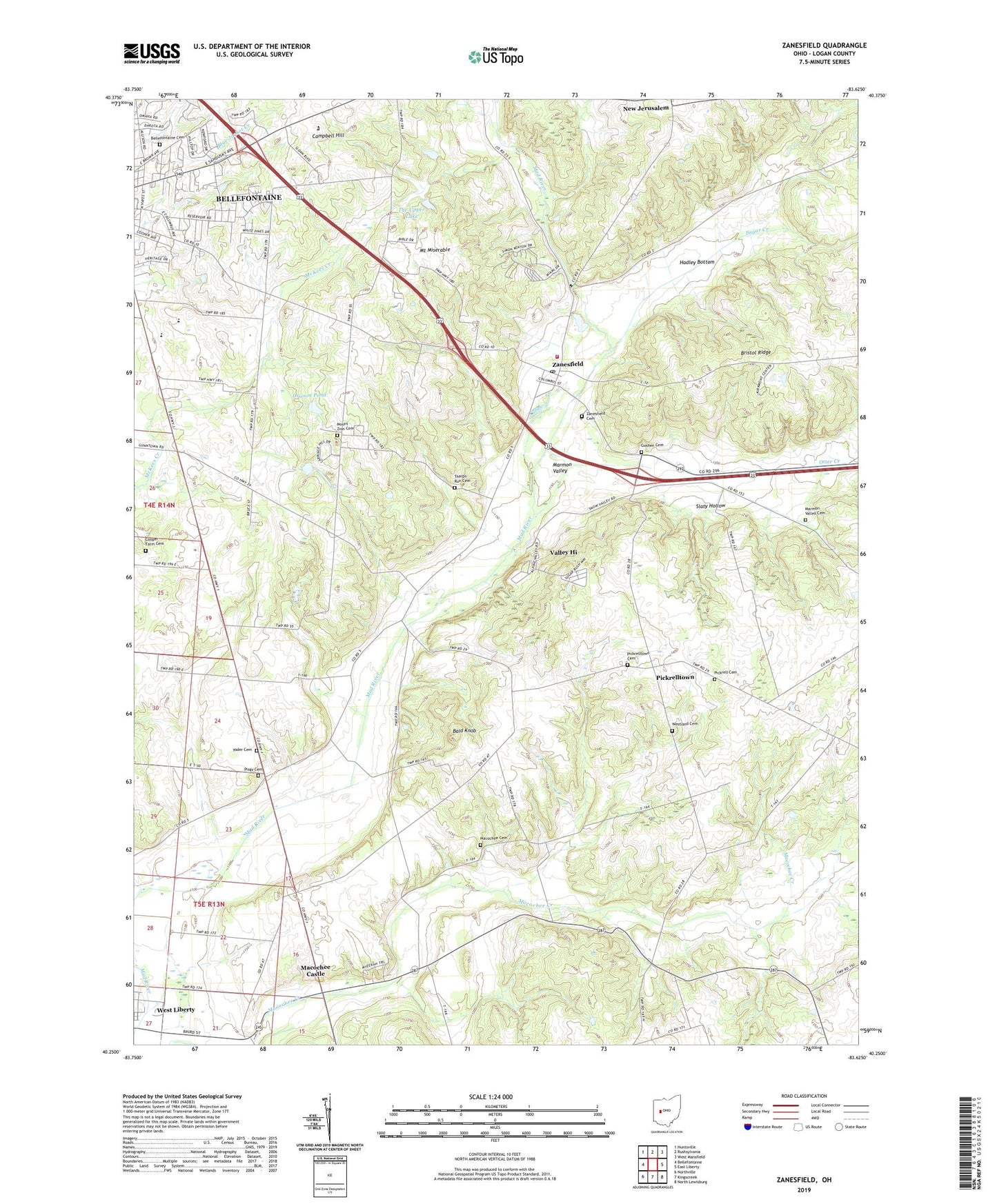 Zanesfield Ohio US Topo Map Image