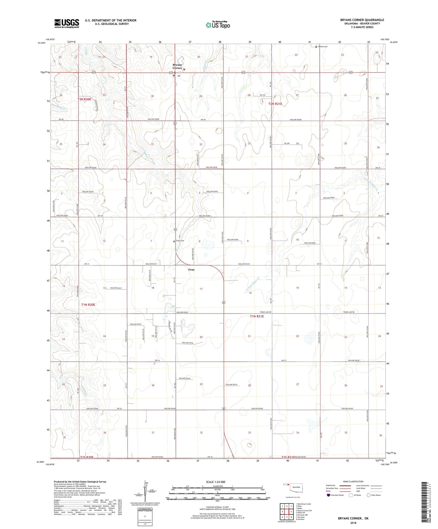 Bryans Corner Oklahoma US Topo Map Image