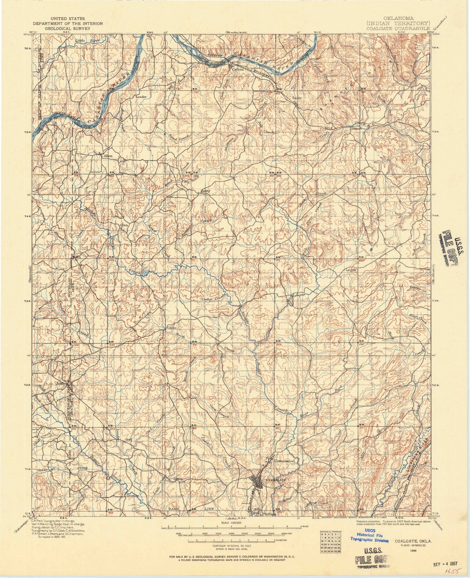 Historic 1896 Coalgate Oklahoma 30'x30' Topo Map Image