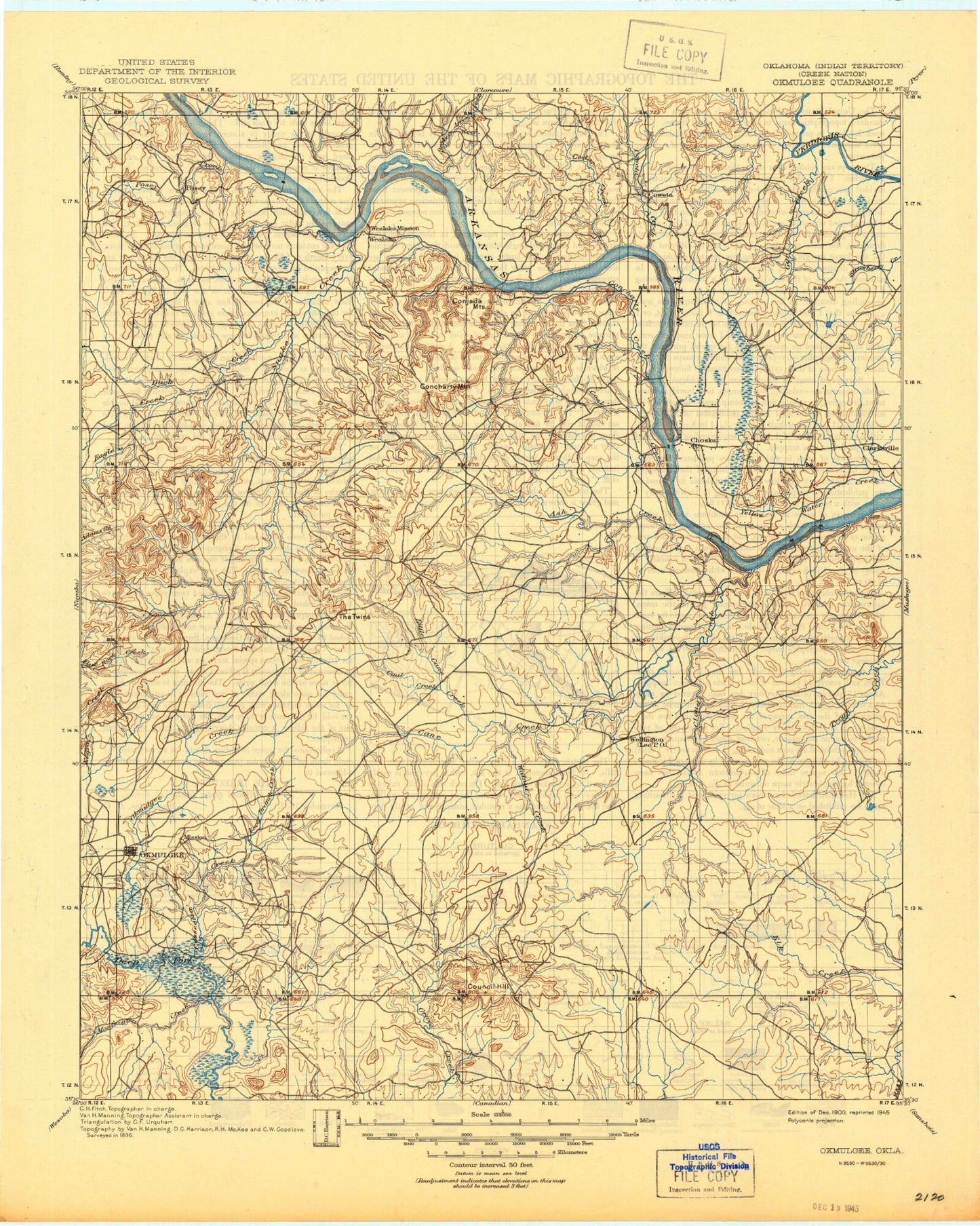 Historic 1900 Okmulgee Oklahoma 30'x30' Topo Map Image