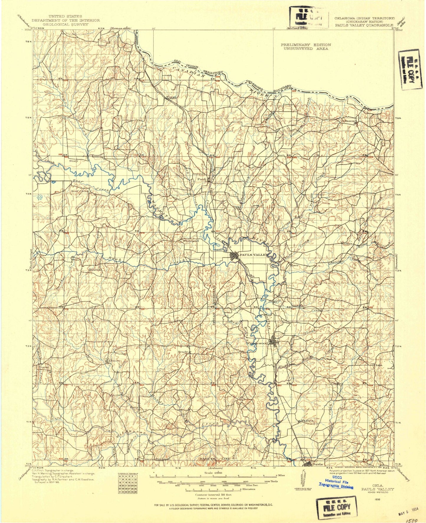 Historic 1898 Pauls Valley Oklahoma 30'x30' Topo Map Image