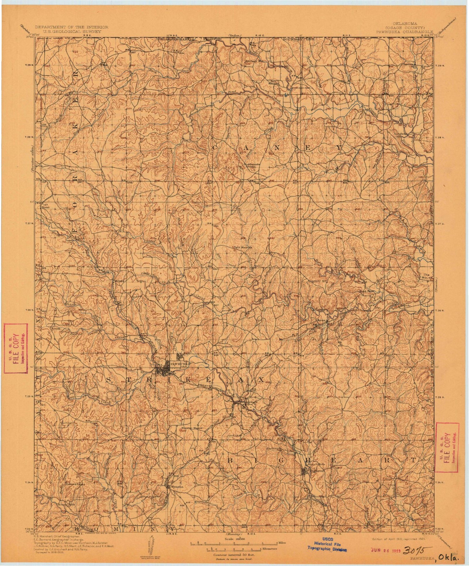 Historic 1910 Pawhuska Oklahoma 30'x30' Topo Map Image
