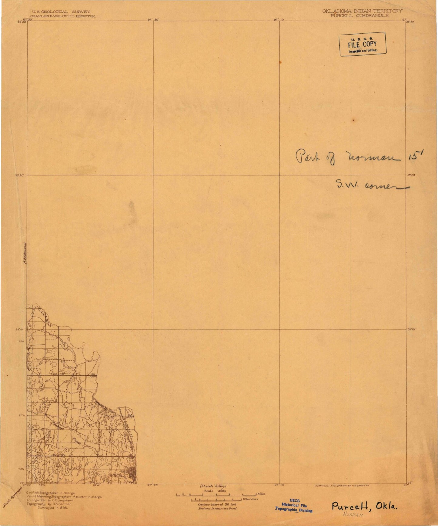 Historic 1898 Purcell Oklahoma 30'x30' Topo Map Image