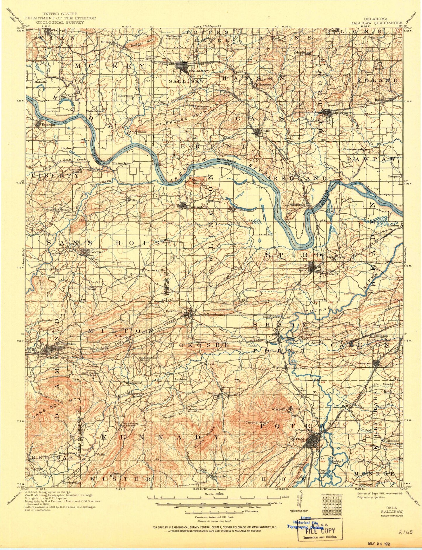 Historic 1911 Sallisaw Oklahoma 30'x30' Topo Map Image