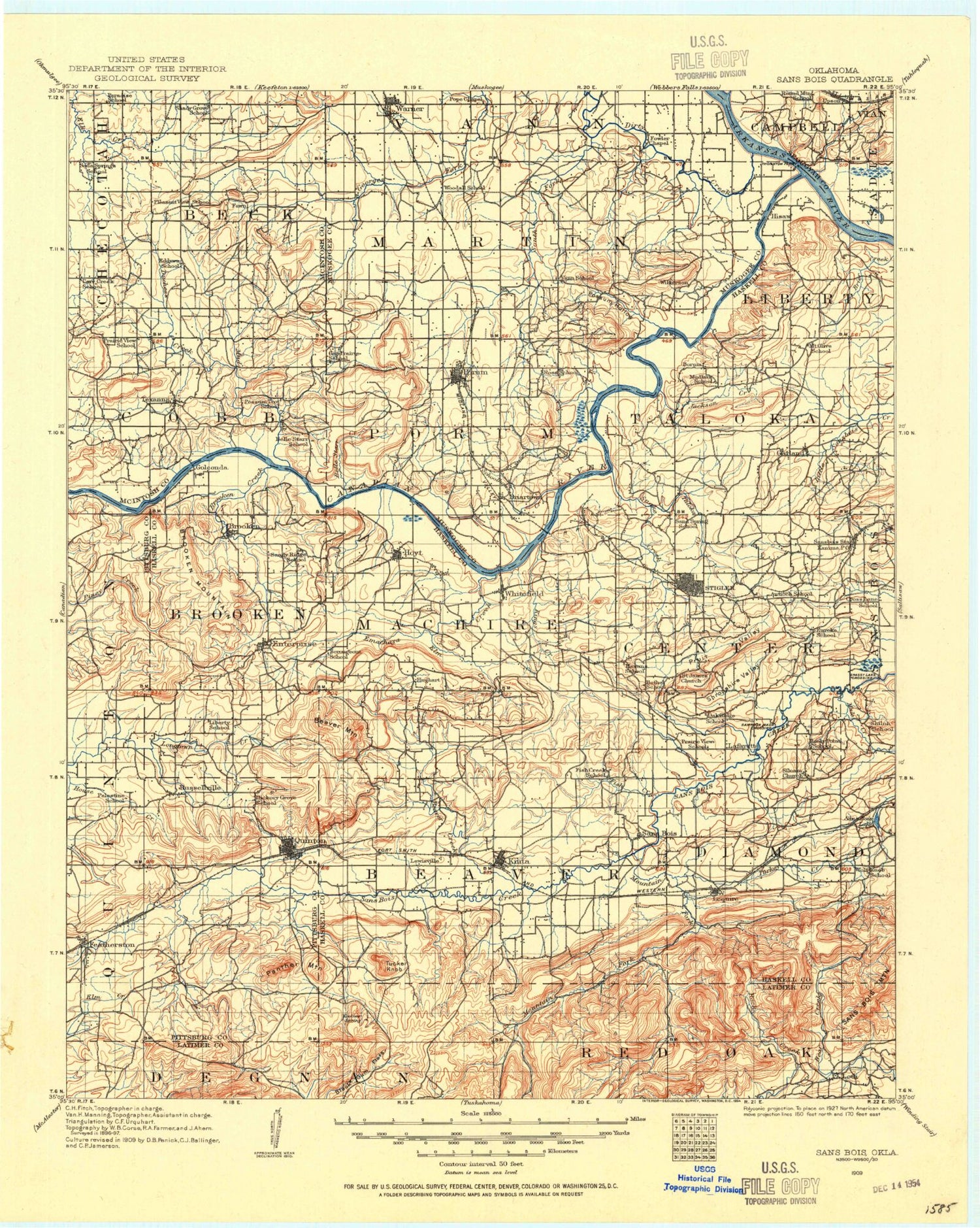 Historic 1909 San Bois Oklahoma 30'x30' Topo Map Image