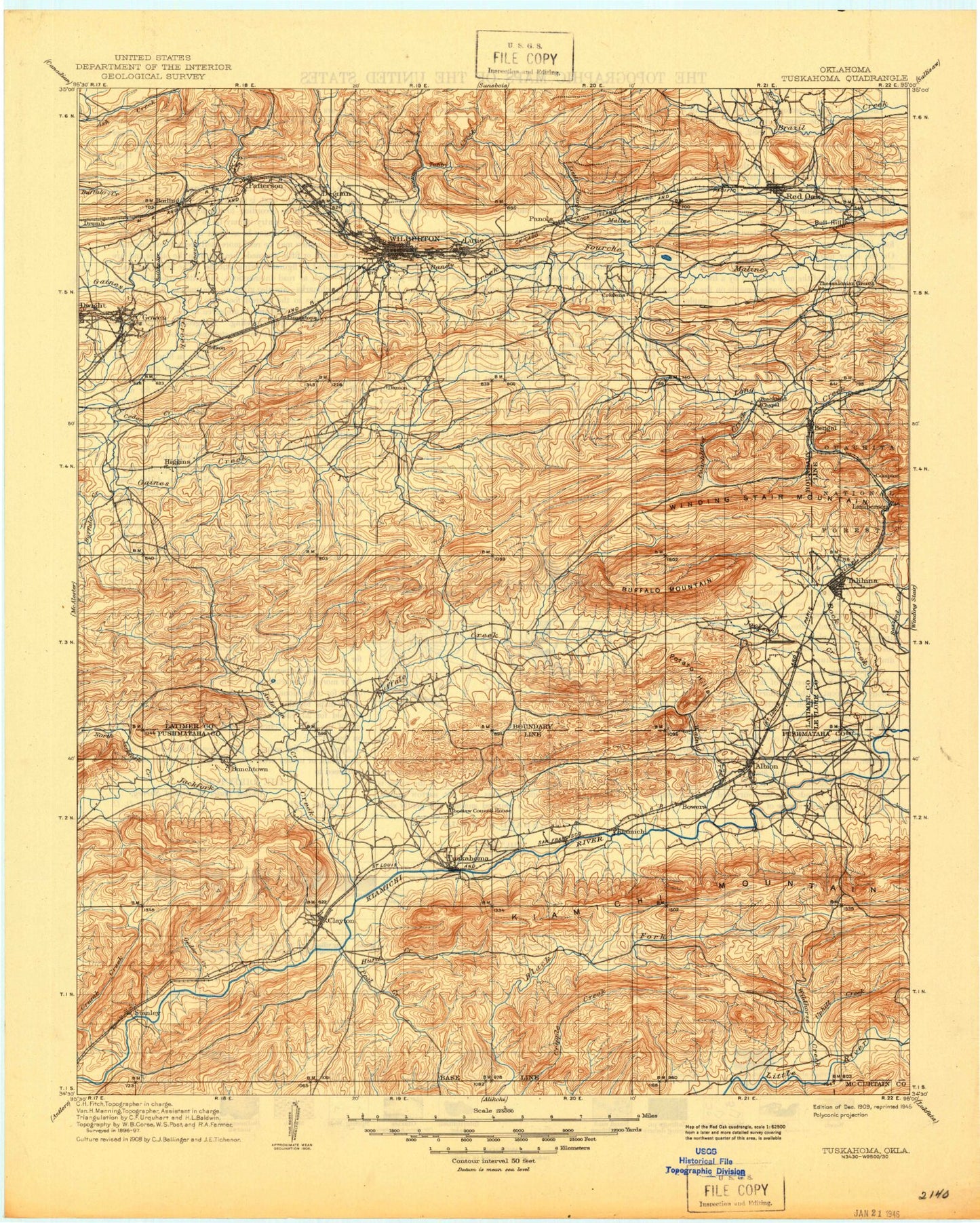 Historic 1909 Tuskahoma Oklahoma 30'x30' Topo Map Image
