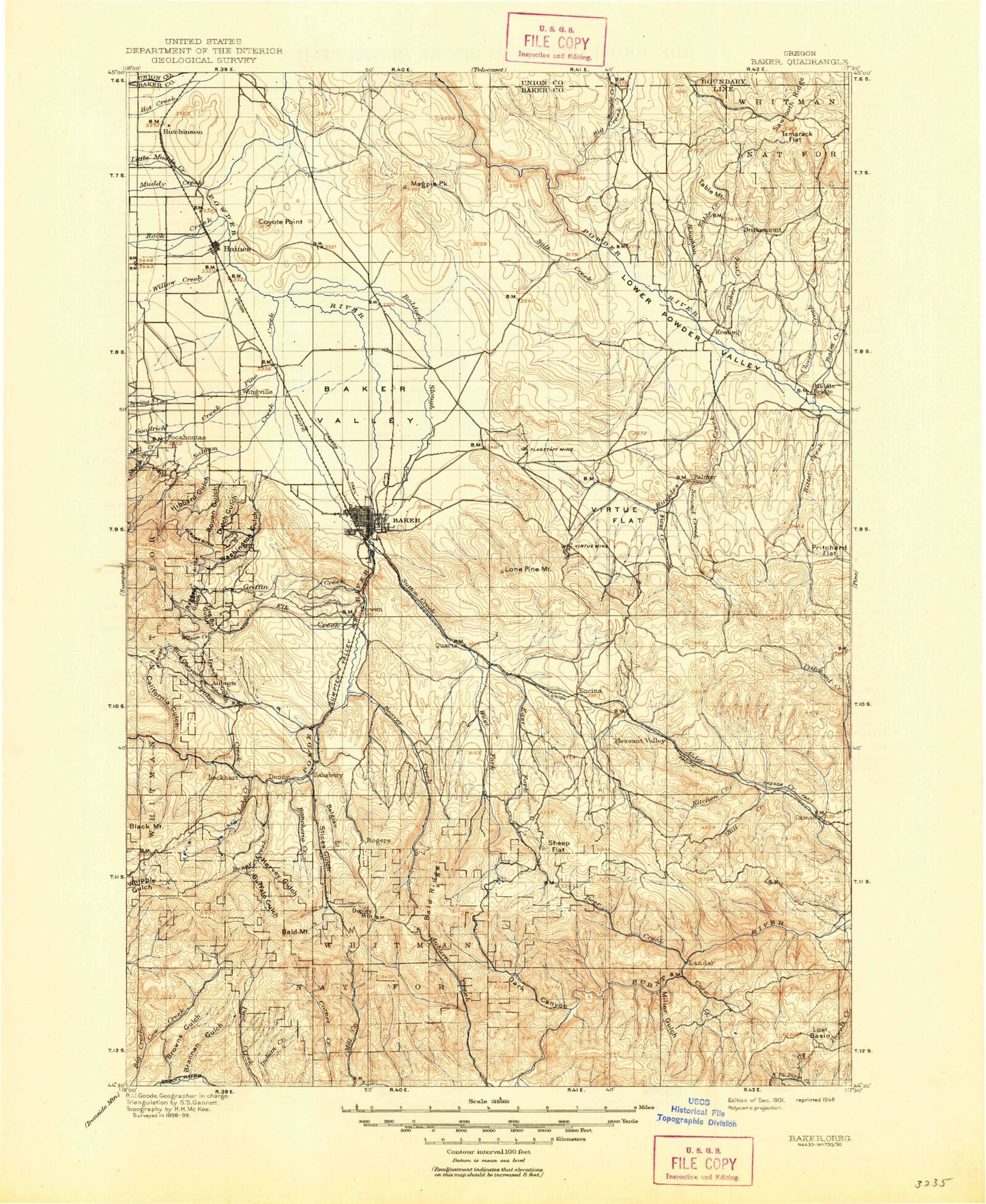 Historic 1901 Baker City Oregon 30'x30' Topo Map Image
