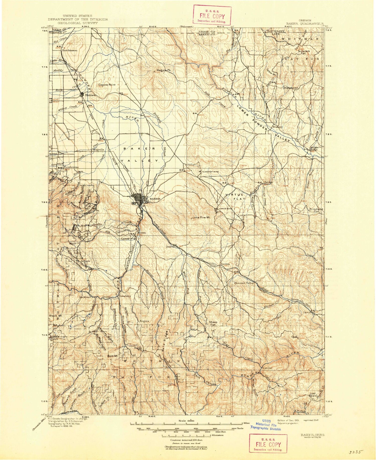 Historic 1901 Baker City Oregon 30'x30' Topo Map Image