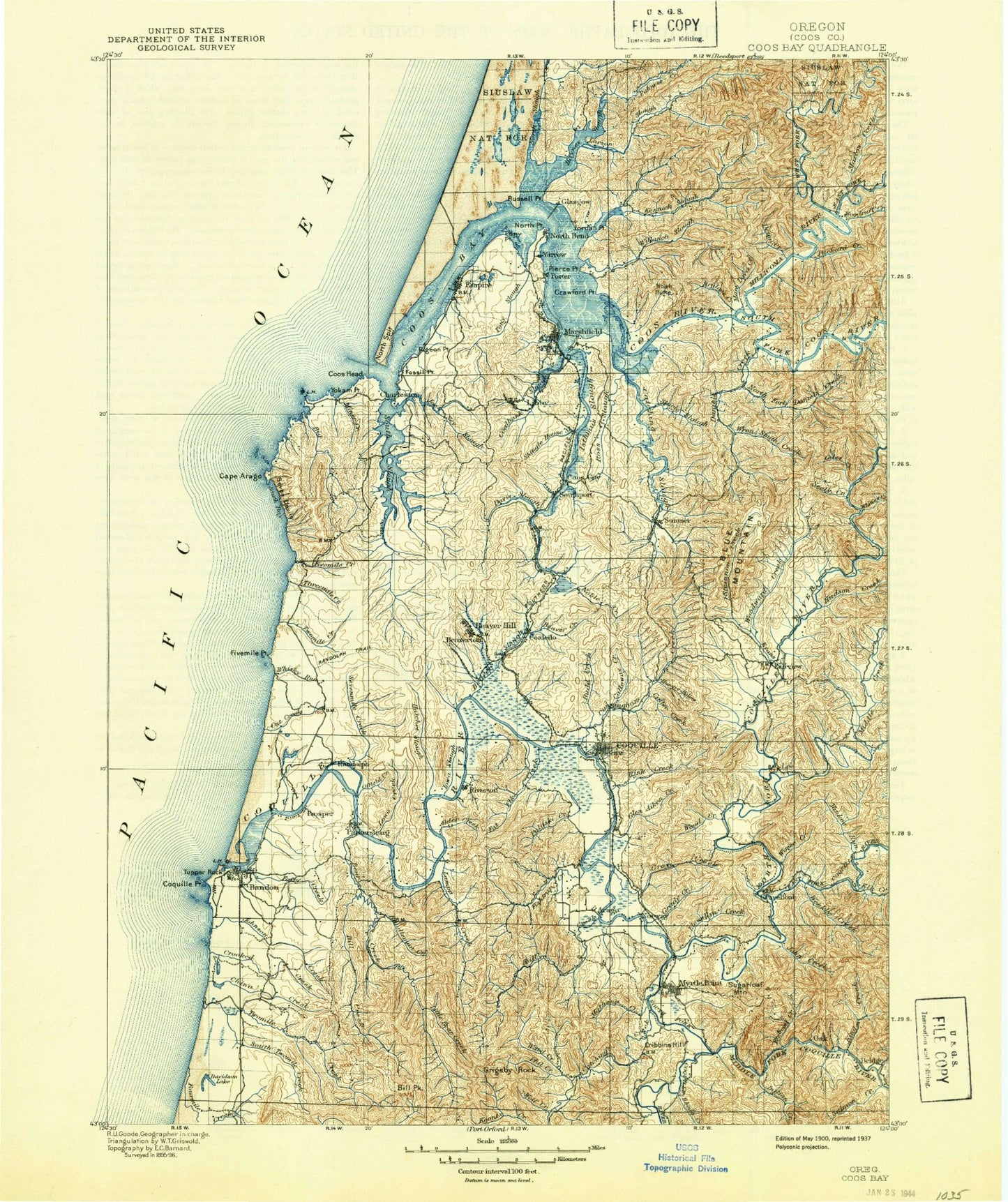 Historic 1900 Coos Bay Oregon 30'x30' Topo Map Image