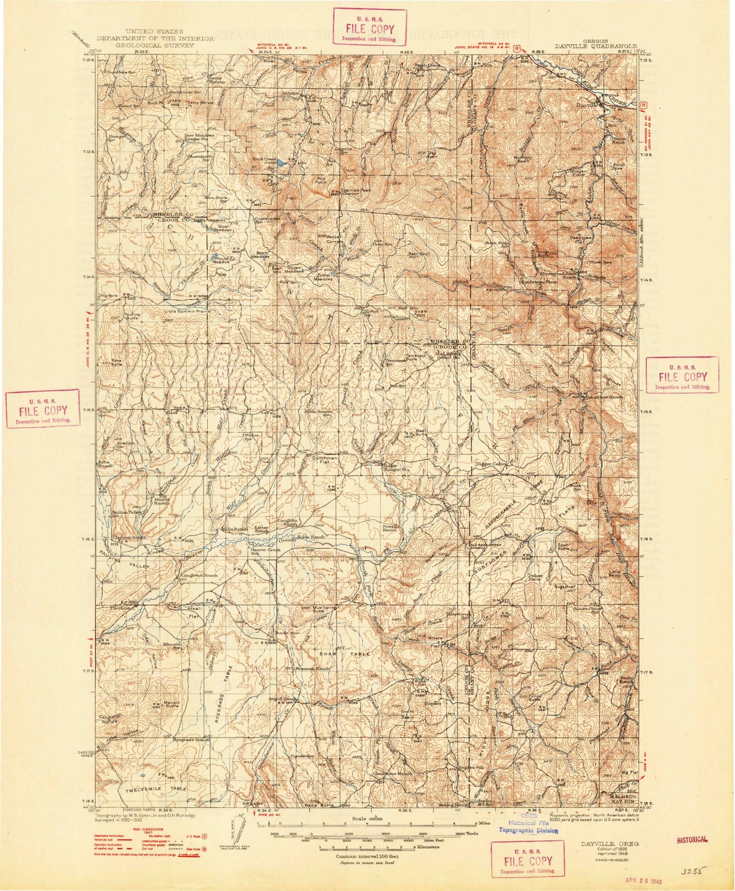 Historic 1936 Dayville Oregon 30'x30' Topo Map Image