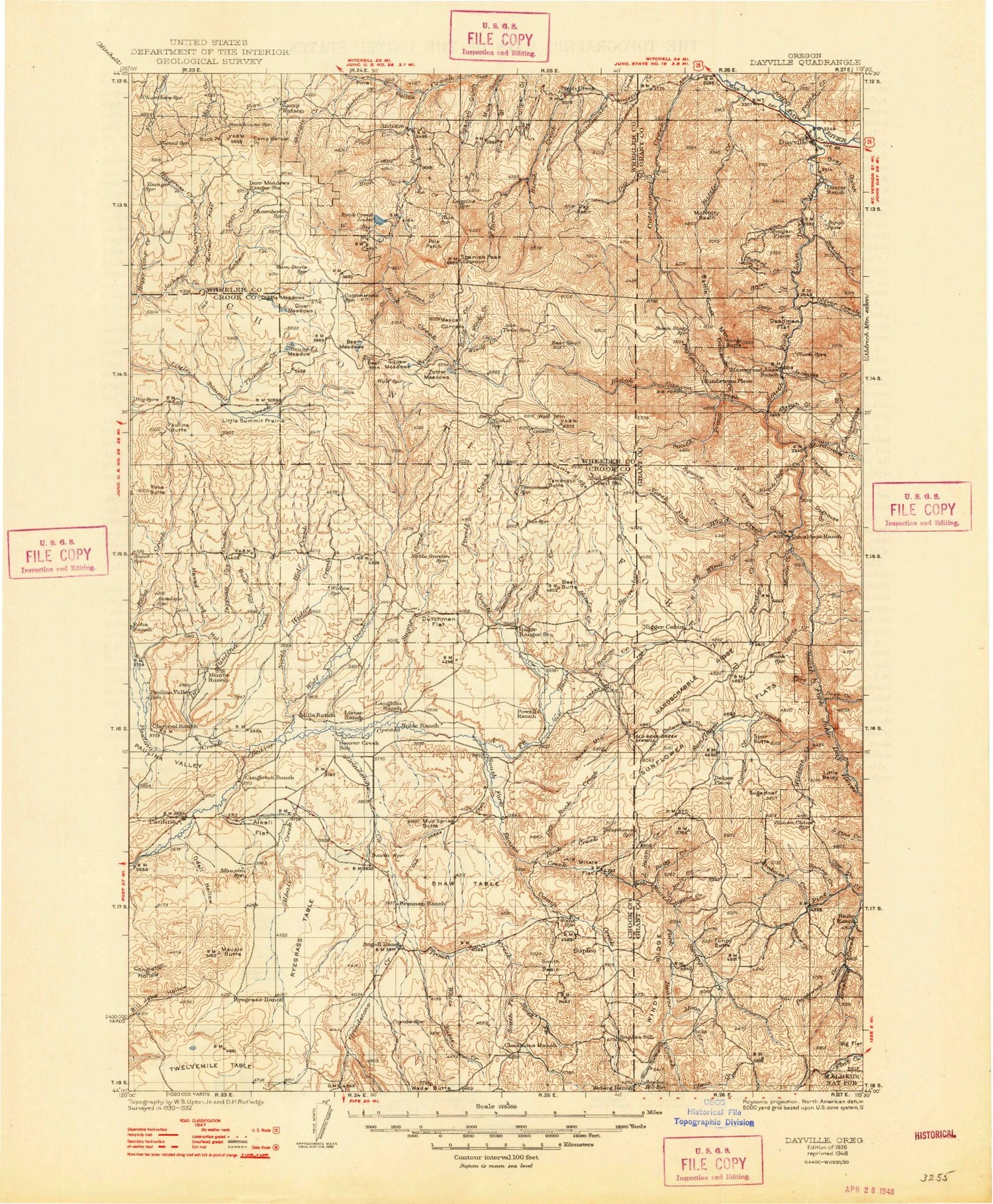 Historic 1936 Dayville Oregon 30'x30' Topo Map Image