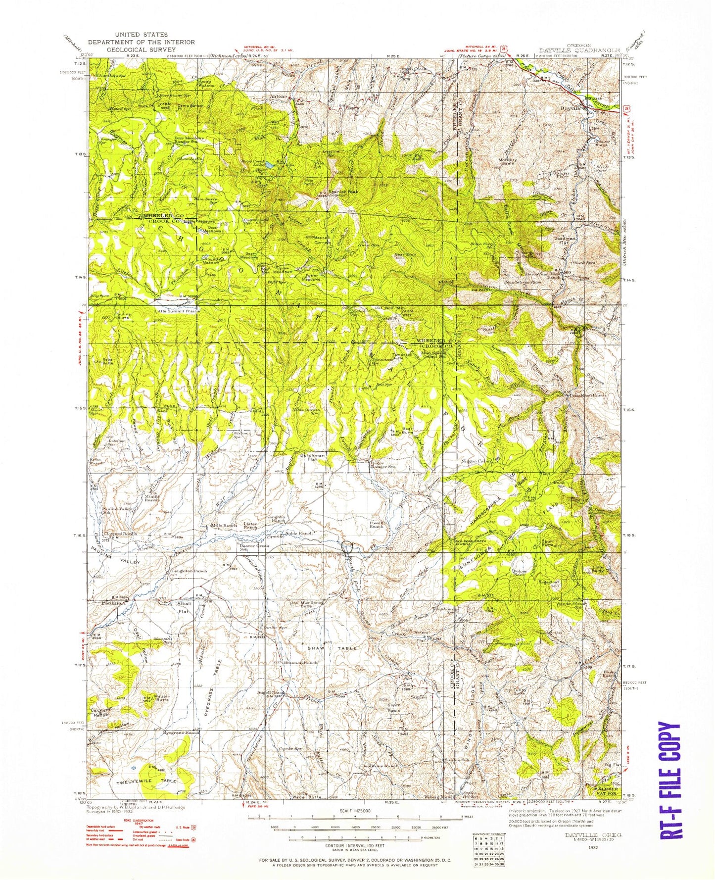 Historic 1932 Dayville Oregon 30'x30' Topo Map Image