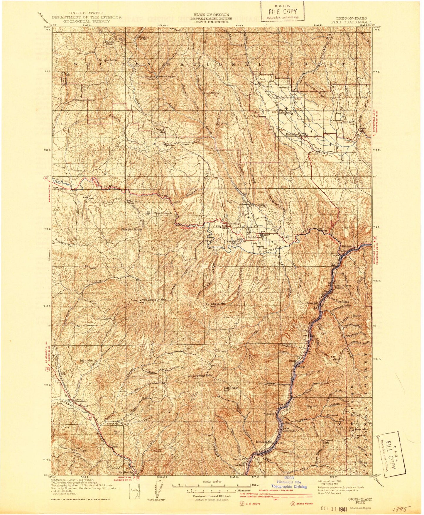 Historic 1915 Pine Oregon 30'x30' Topo Map Image