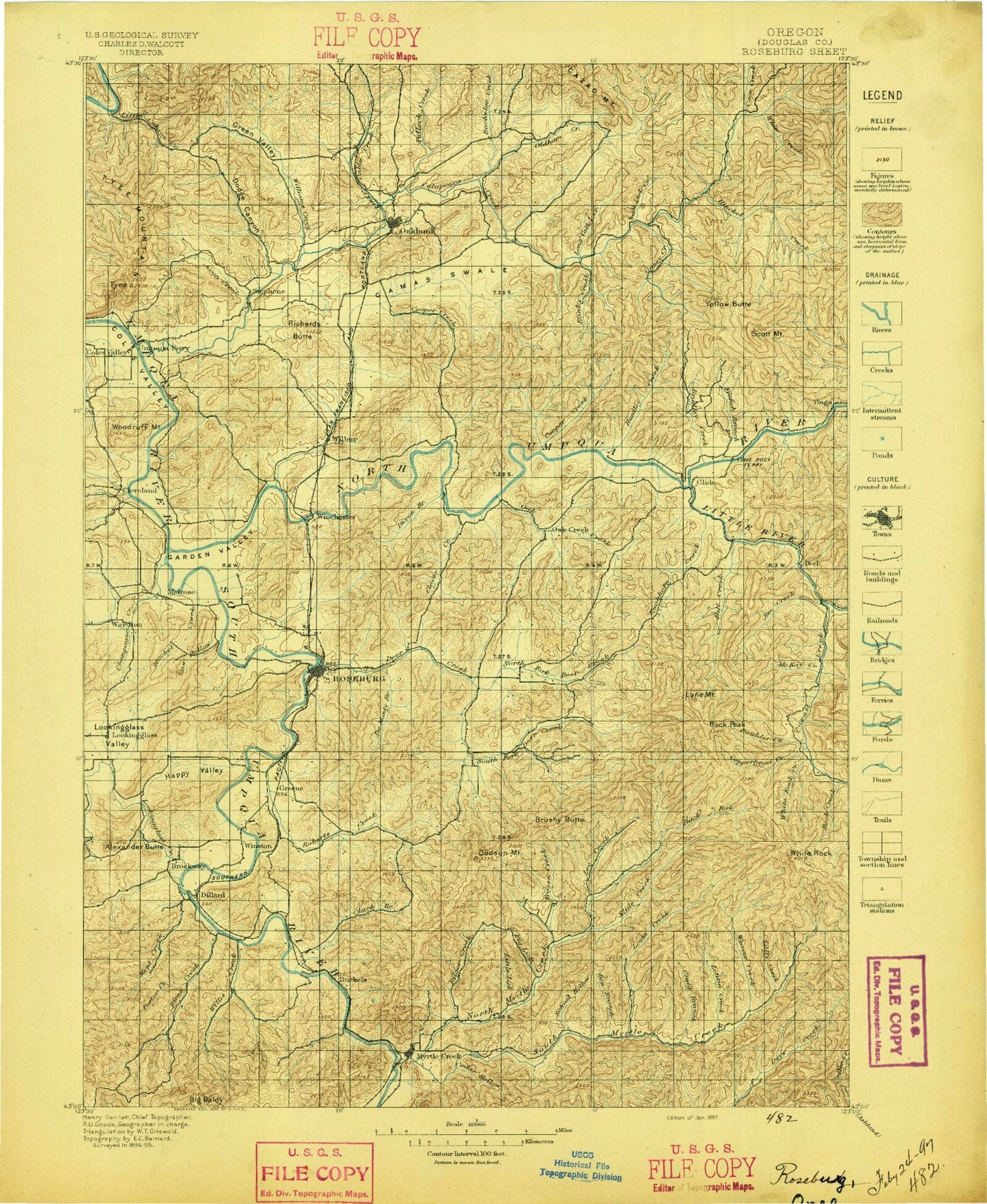 Historic 1897 Roseburg Oregon 30'x30' Topo Map Image