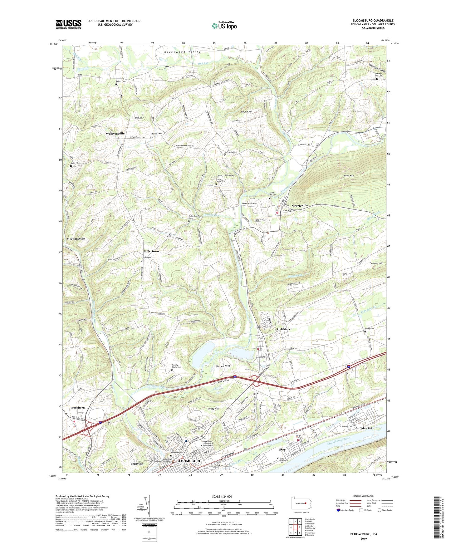 Bloomsburg Pennsylvania US Topo Map Image