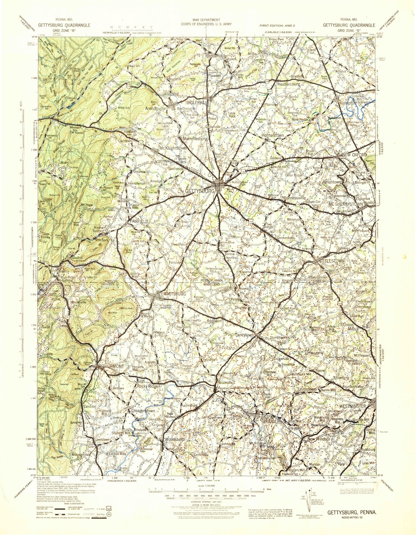 Historic 1942 Gettysburg Pennsylvania 30'x30' Topo Map Image