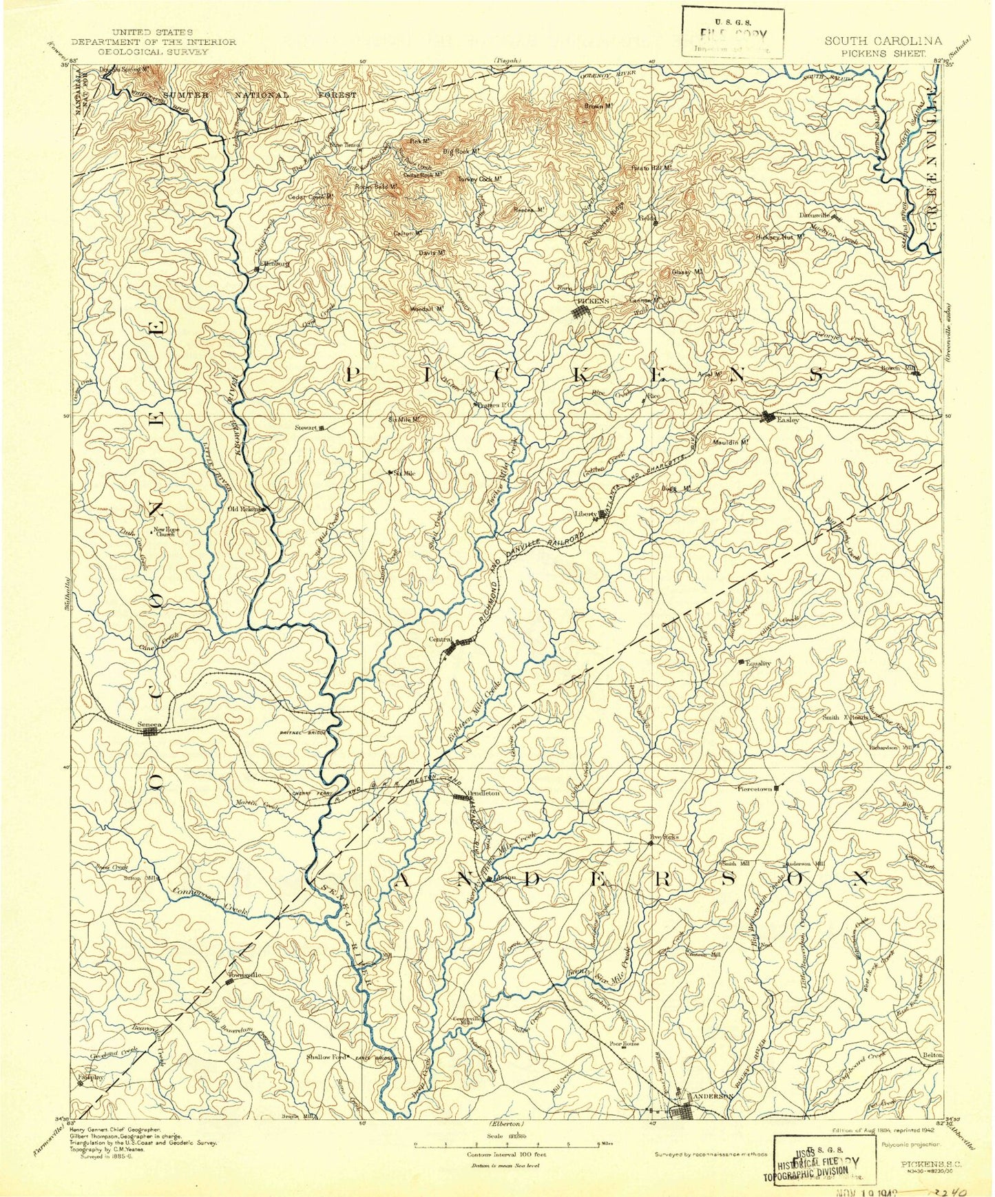 Historic 1894 Pickens South Carolina 30'x30' Topo Map Image