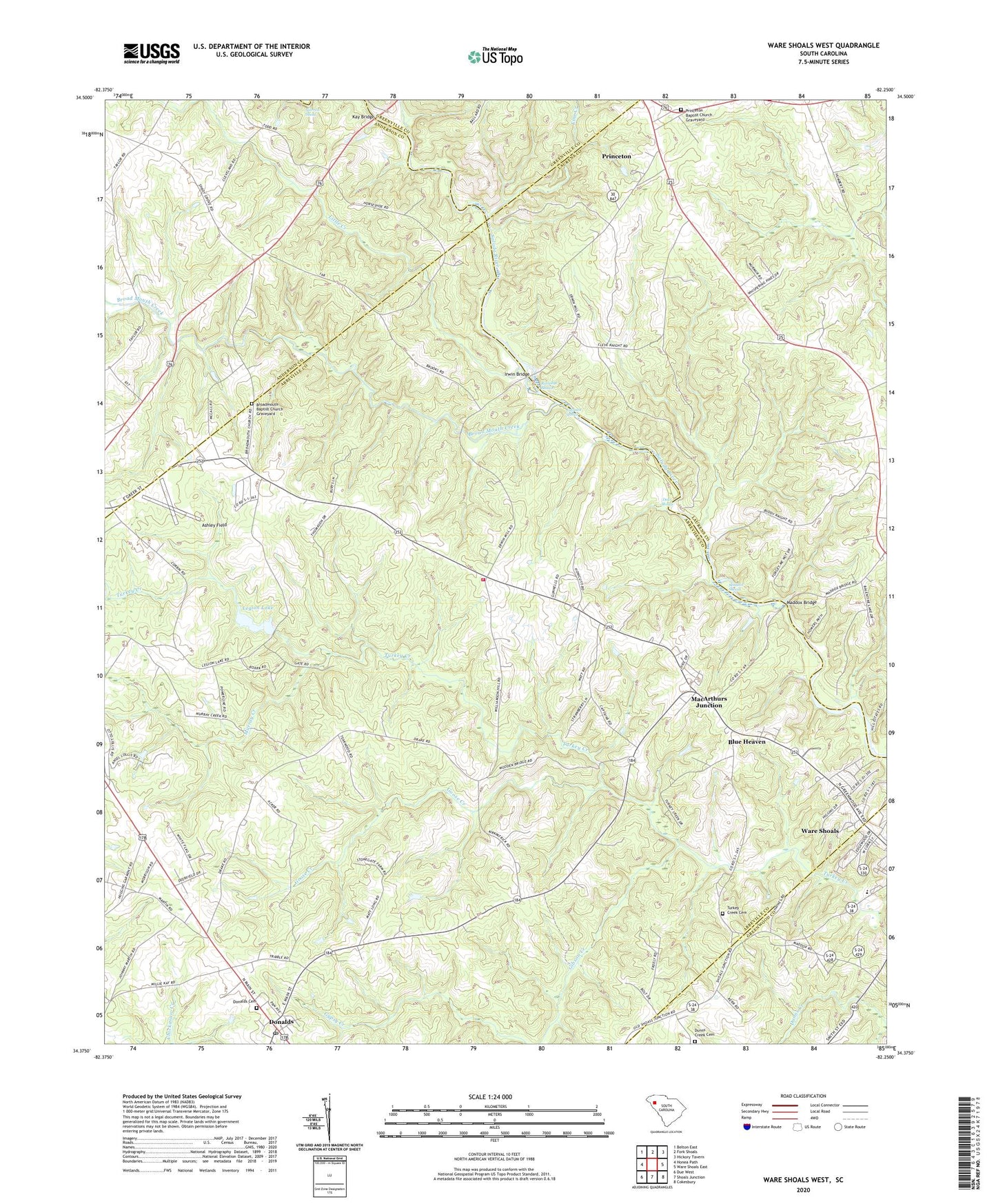 Ware Shoals West South Carolina US Topo Map Image