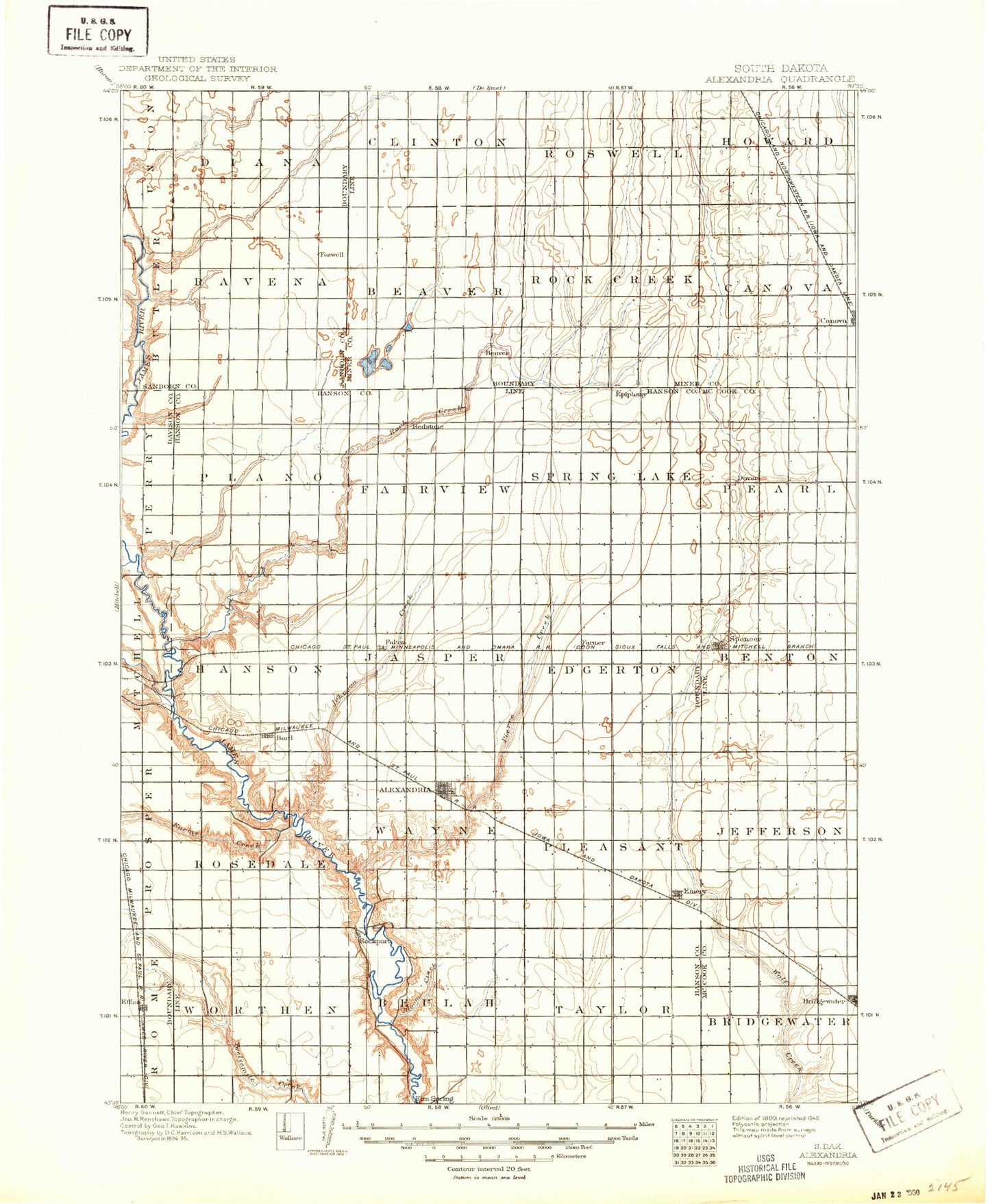 Historic 1899 Alexandria South Dakota 30'x30' Topo Map Image