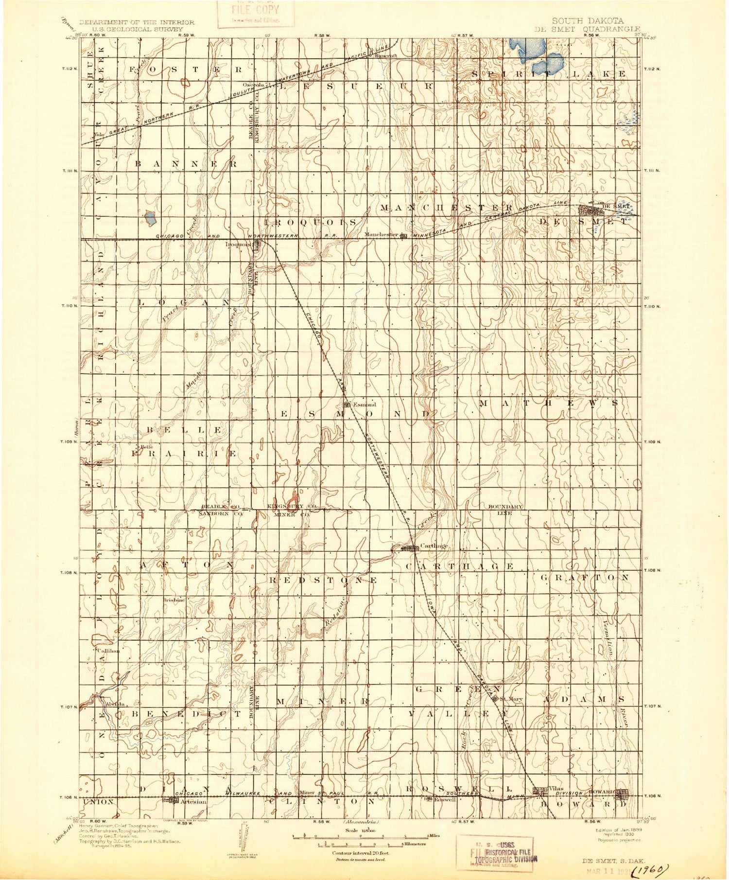 Historic 1899 De Smet South Dakota 30'x30' Topo Map Image
