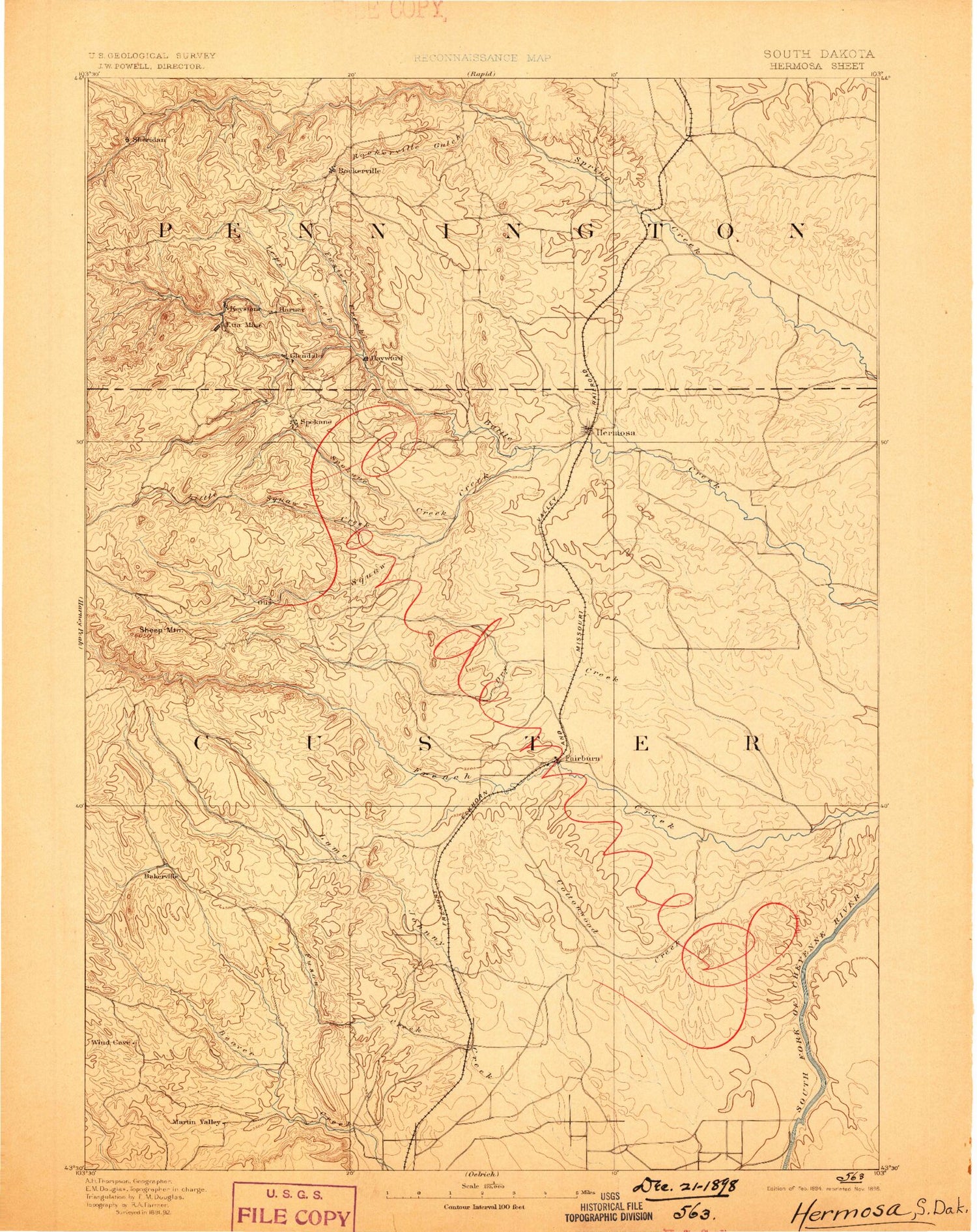 Historic 1894 Hermosa South Dakota 30'x30' Topo Map Image