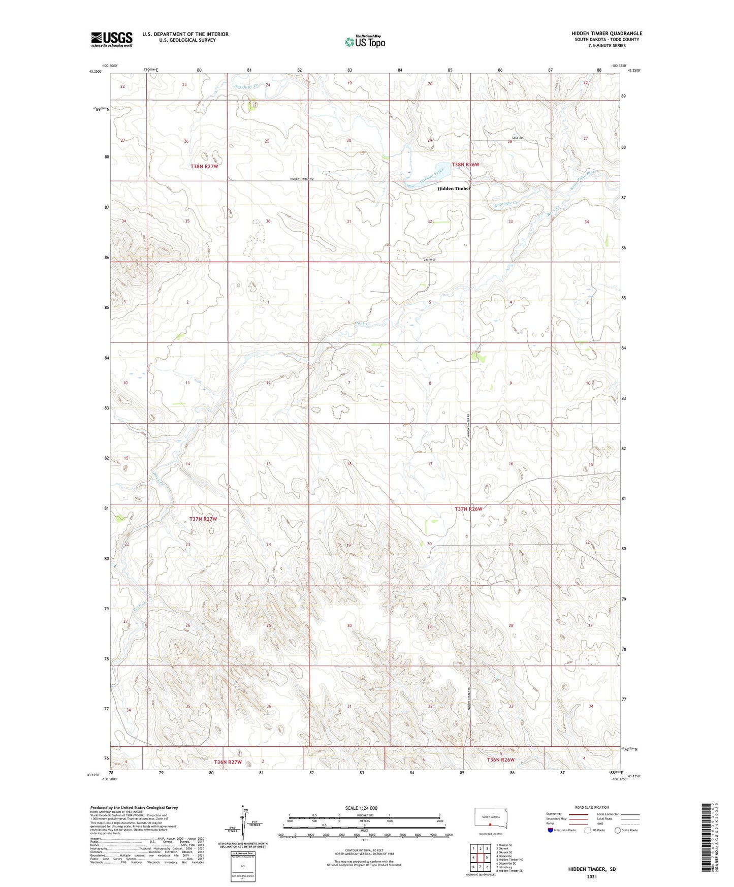 Hidden Timber South Dakota US Topo Map Image