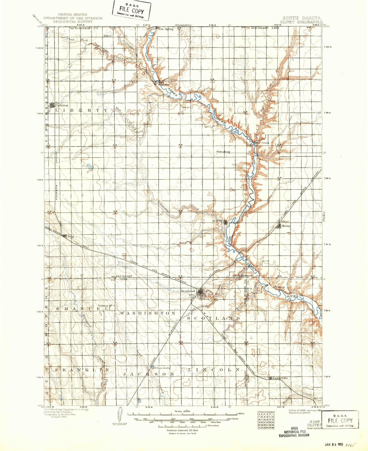 Historic 1898 Olivet South Dakota 30'x30' Topo Map Image