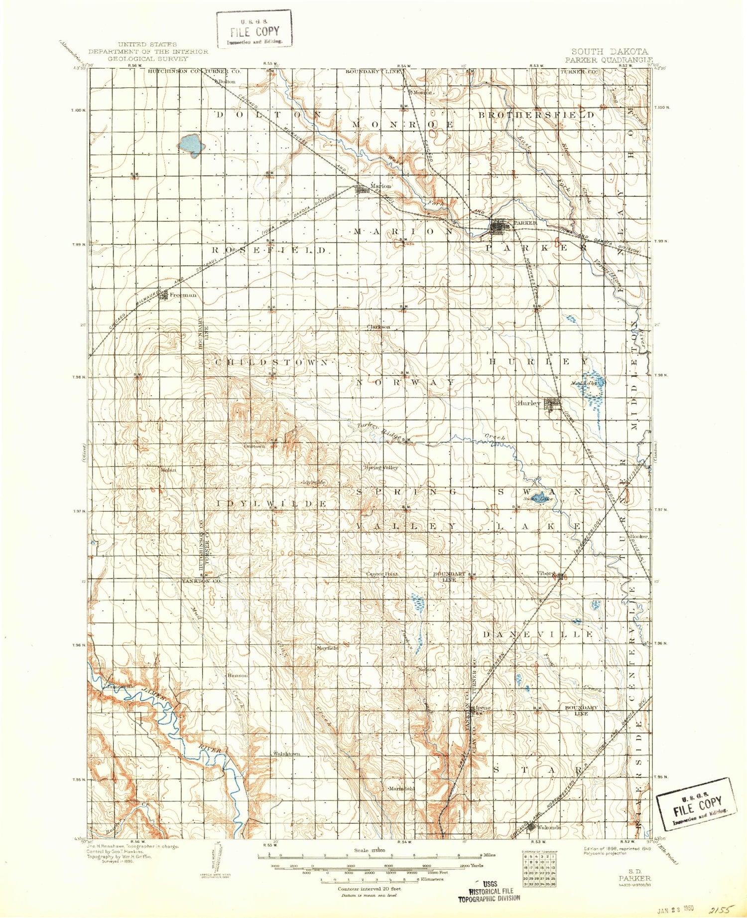 Historic 1898 Parker South Dakota 30'x30' Topo Map Image